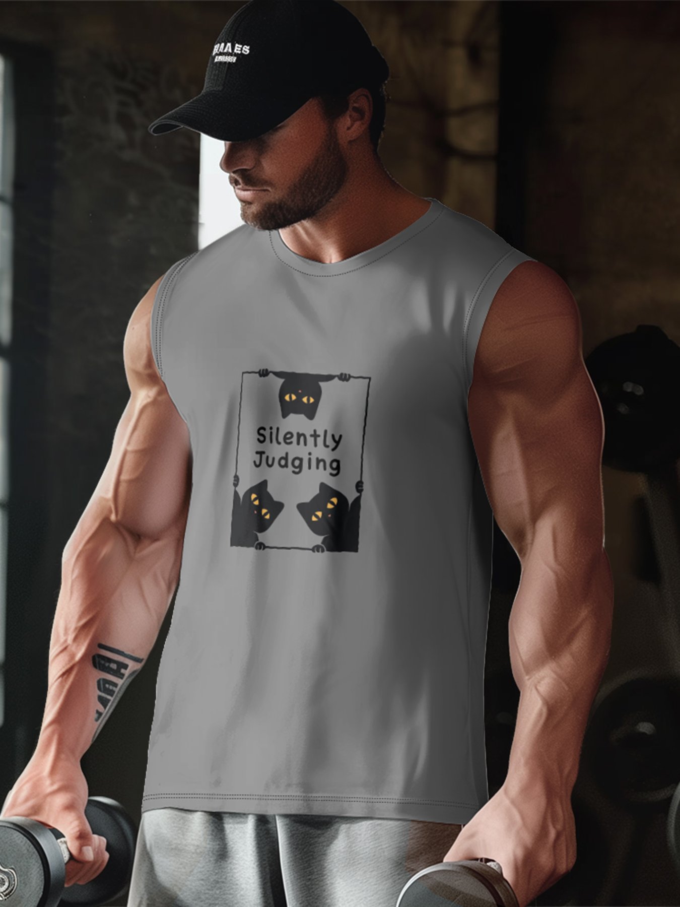 Hardaddy X Artist Coffee Man Mens Crewneck Tank Tops Black Cats Silently Judging Beach Sleeveless Shirt