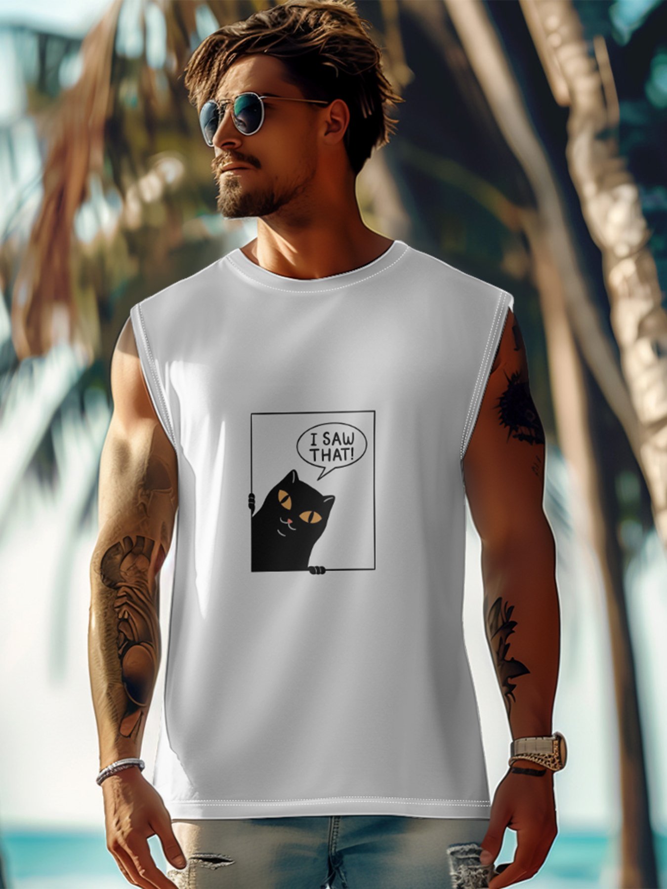 Hardaddy X Artist Coffee Man Mens Crewneck Tank Tops Black Cat Beach Sleeveless Shirt