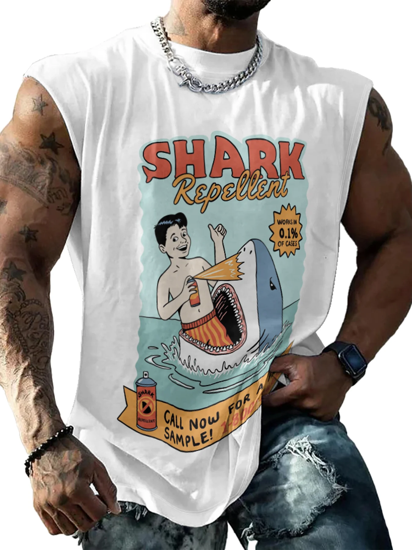 Hardaddy X Artist Coffee Man Mens Crewneck Tank Tops Shark Repellent Beach Sleeveless Shirt
