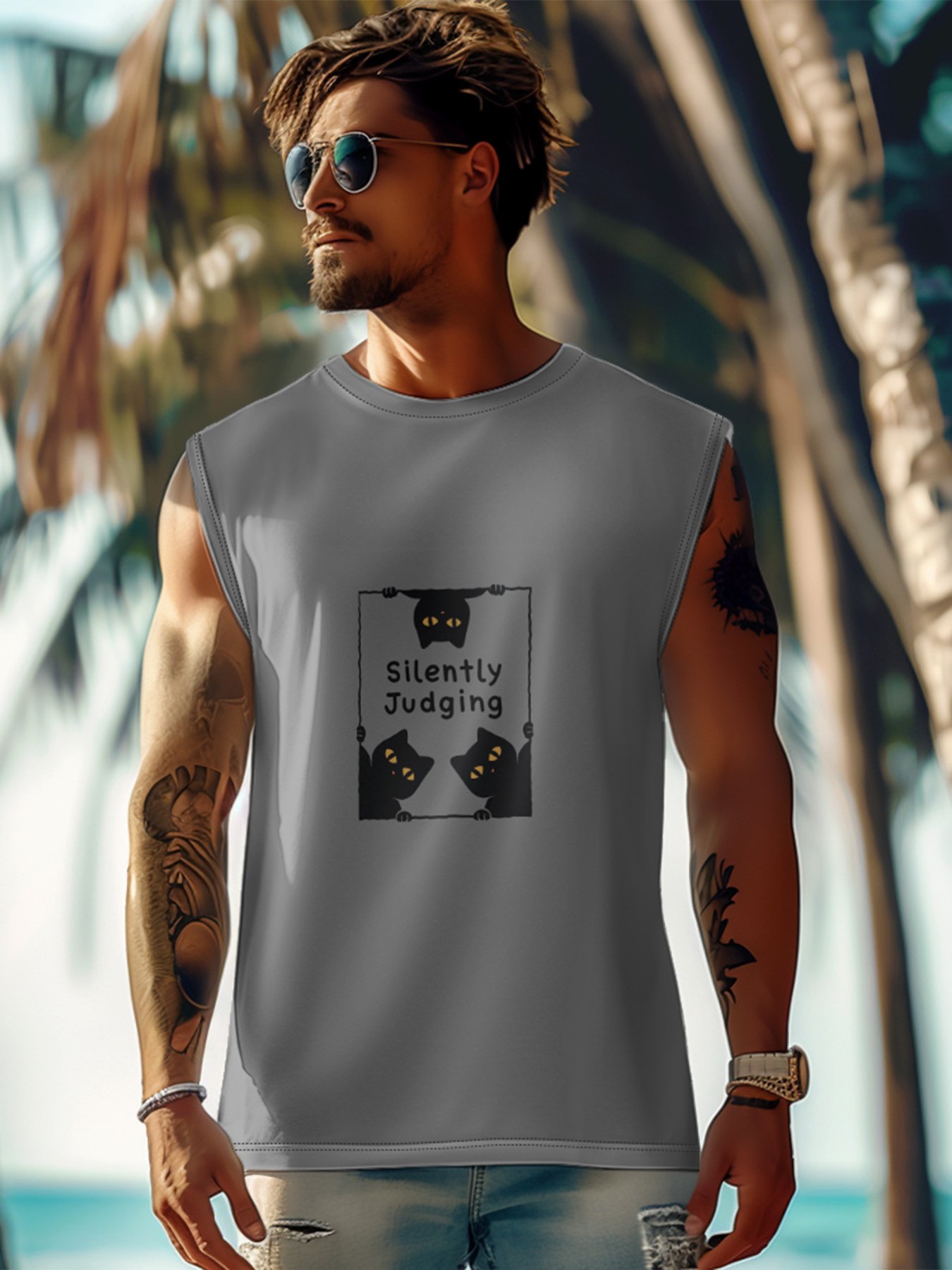 Hardaddy X Artist Coffee Man Mens Crewneck Tank Tops Black Cats Silently Judging Beach Sleeveless Shirt