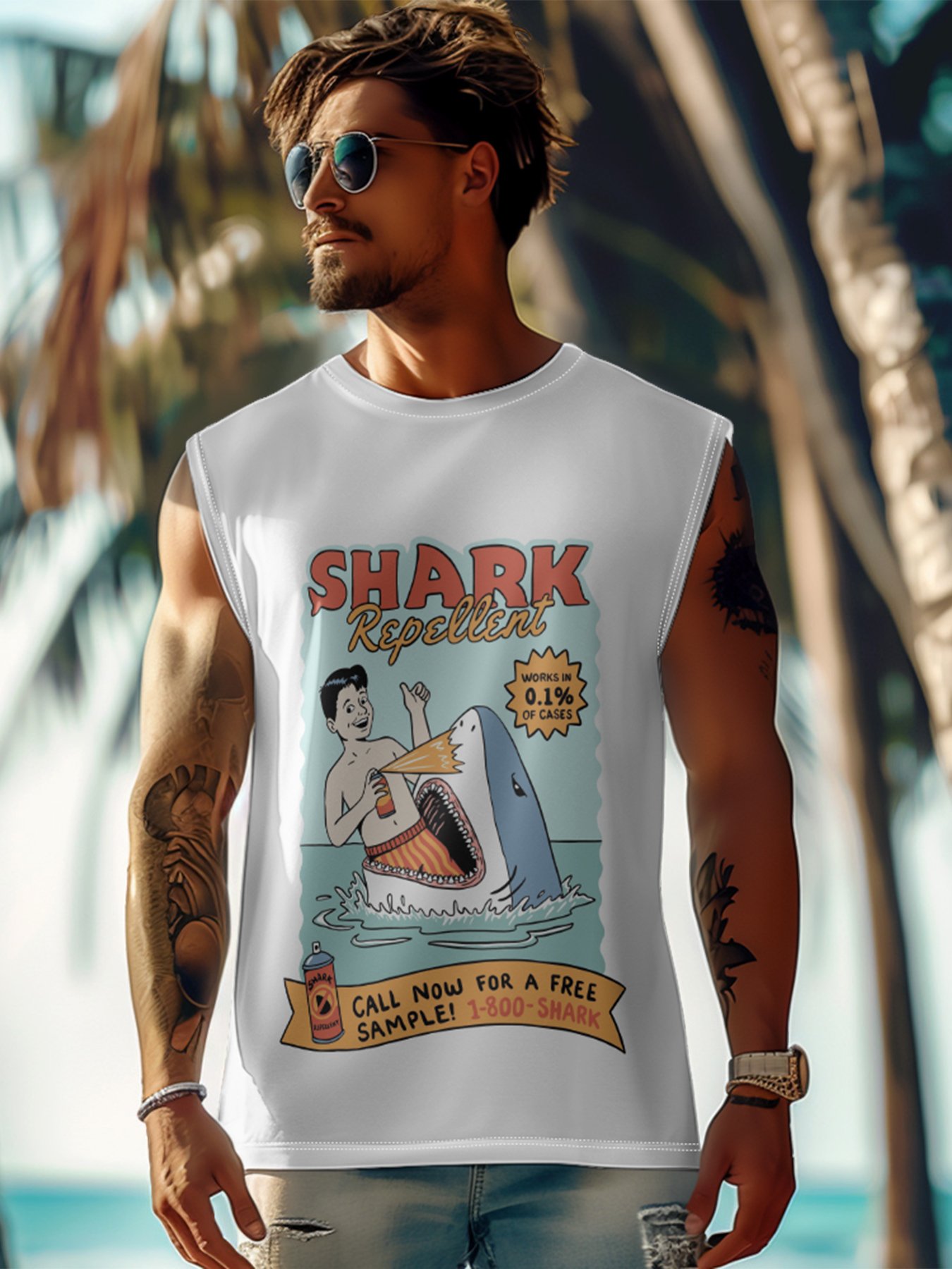 Hardaddy X Artist Coffee Man Mens Crewneck Tank Tops Shark Repellent Beach Sleeveless Shirt