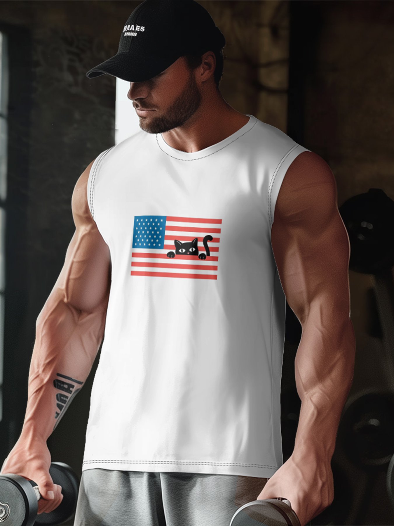 Hardaddy X Artist Coffee Man Mens Crewneck Tank Tops American Flag Cat Beach Sleeveless Shirt