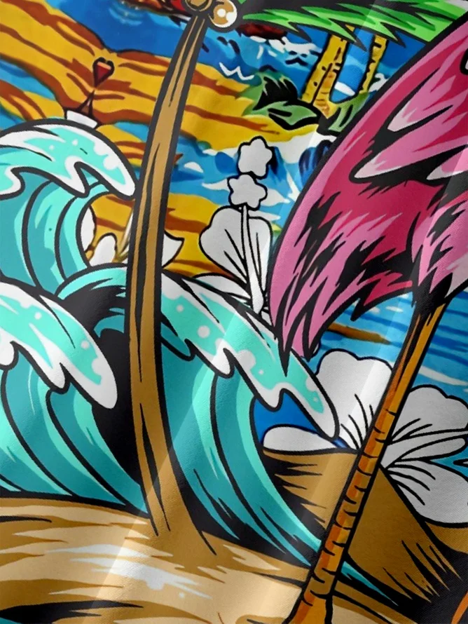 Tall Size Moisture-wicking Flamingo Chest Pocket Hawaiian Shirt