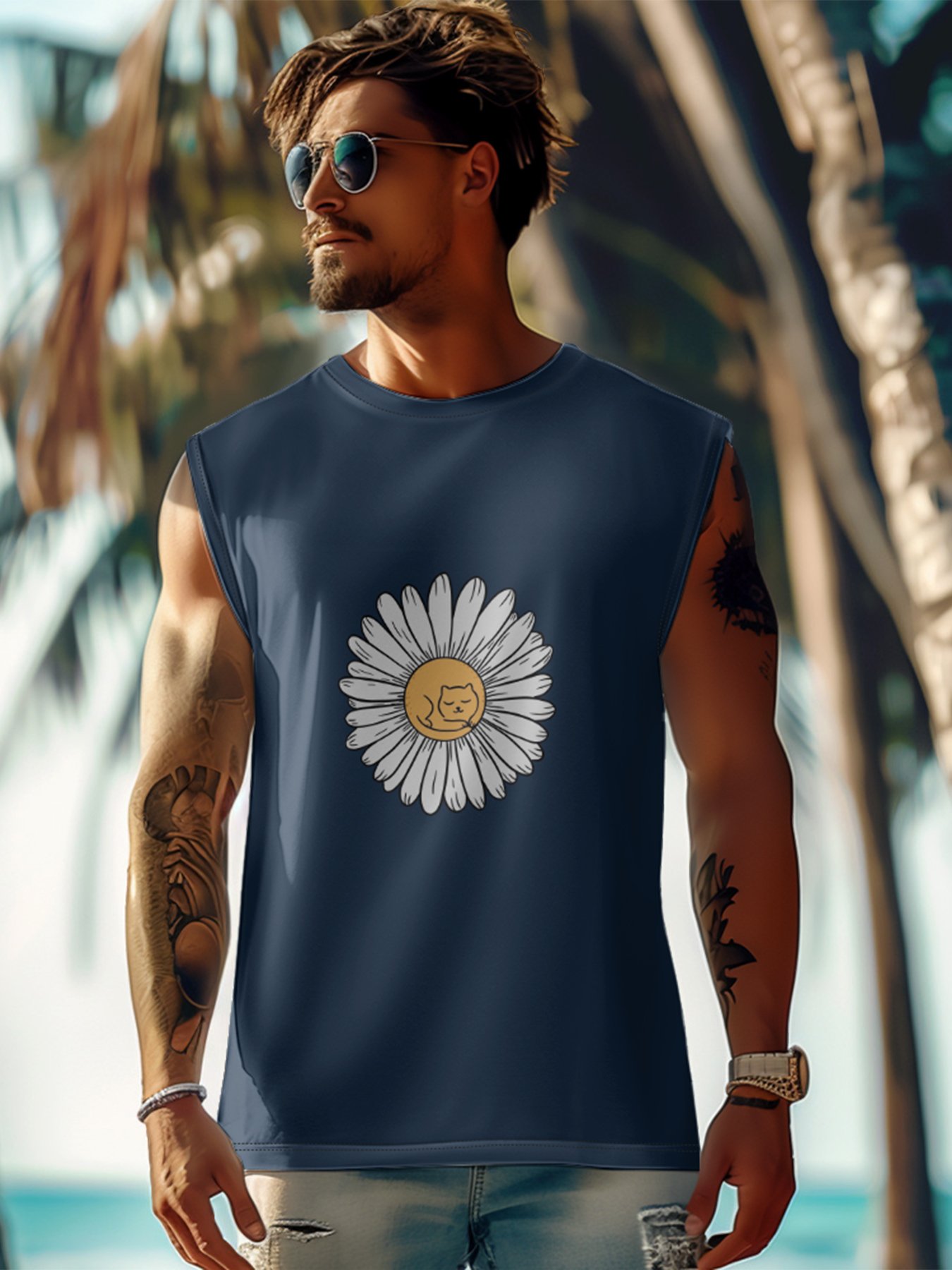 Hardaddy X Artist Coffee Man Mens Crewneck Tank Tops Daisy Cat Beach Sleeveless Shirt