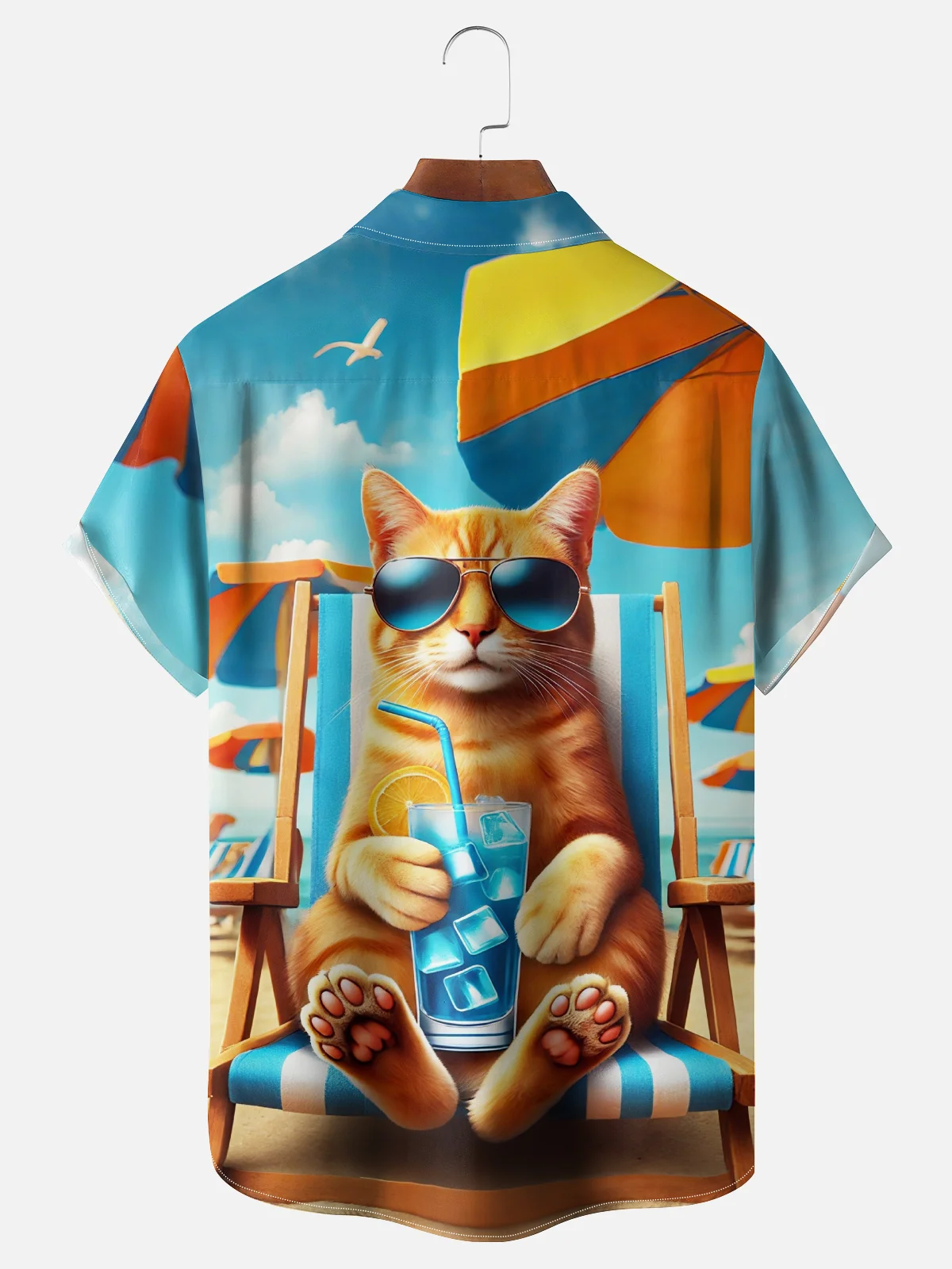 Moisture Wicking Ombre Beach Glasses Cat Chest Pocket Hawaiian Shirt