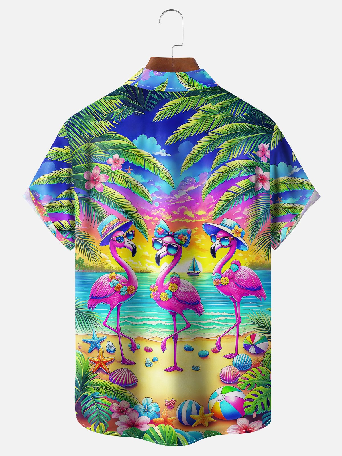 Moisture Wicking Flamingo Beach Chest Pocket Hawaiian Shirt