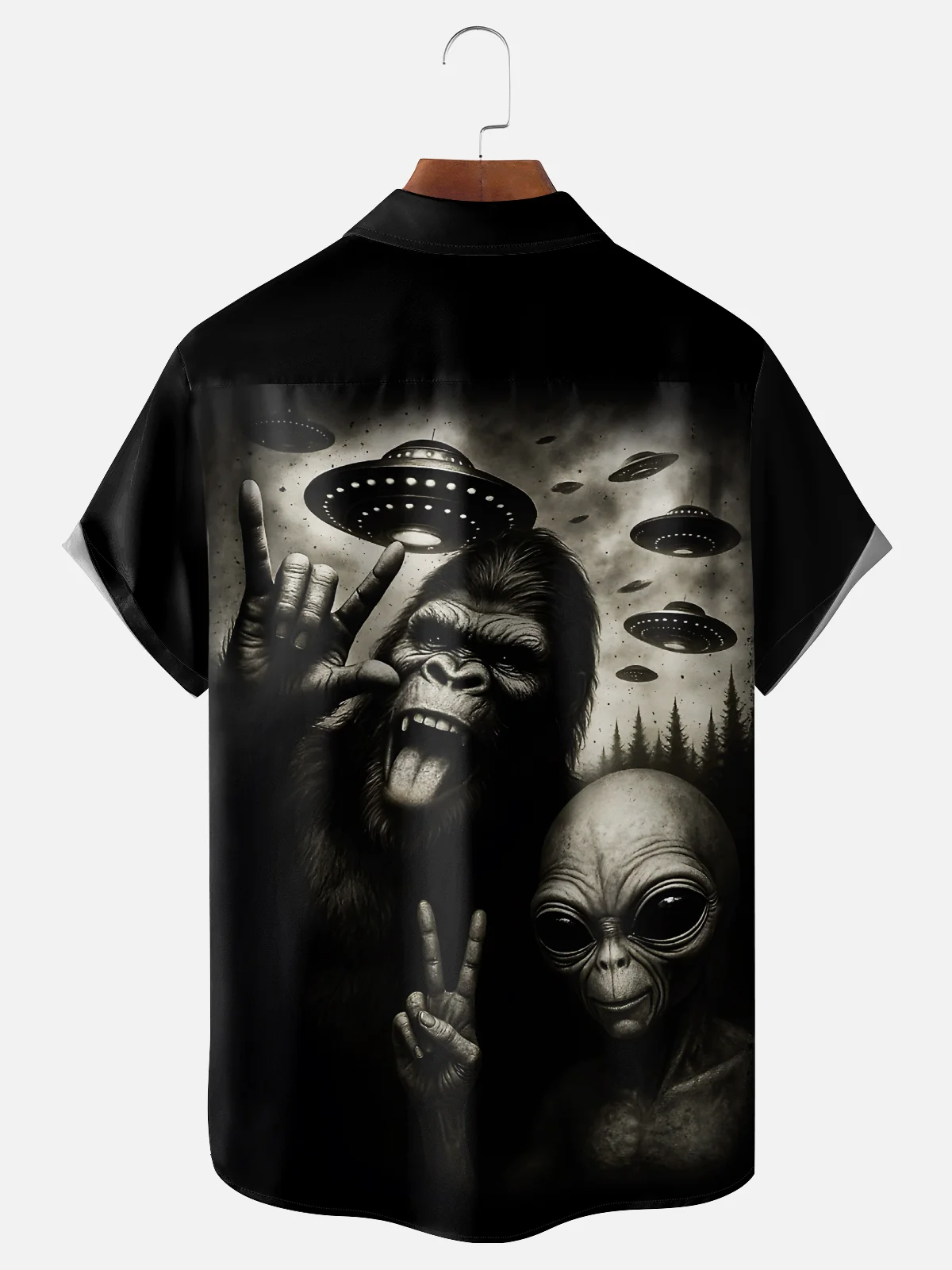 Moisture Wicking Rock Ombre UFO Bigfoot Alien Chest Pocket Hawaiian Shirt