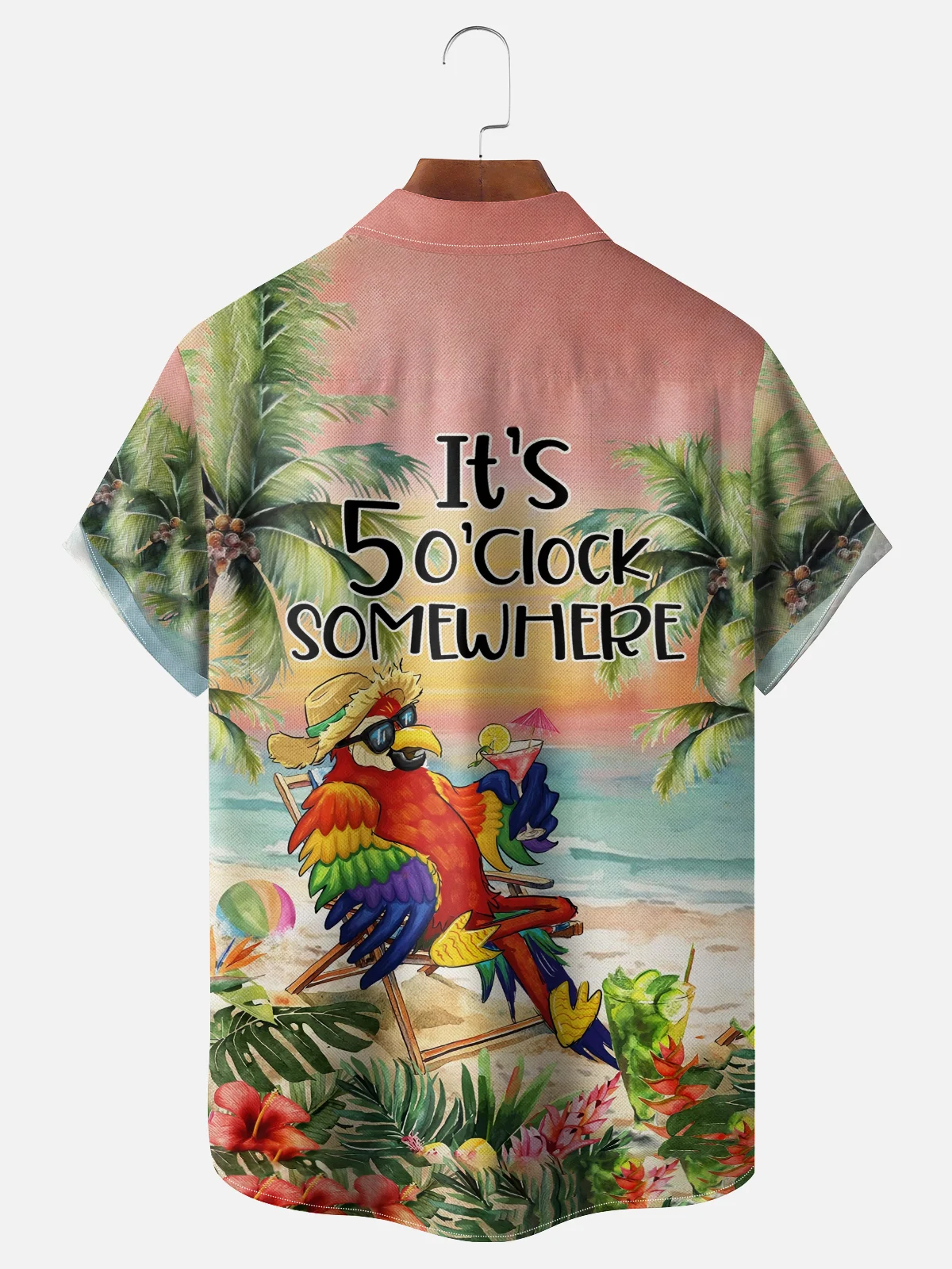 Moisture-Wicking It's 5 O'Clock Somewhere Parrot Coconut Tree Chest Pocket Hawaiian Shirt