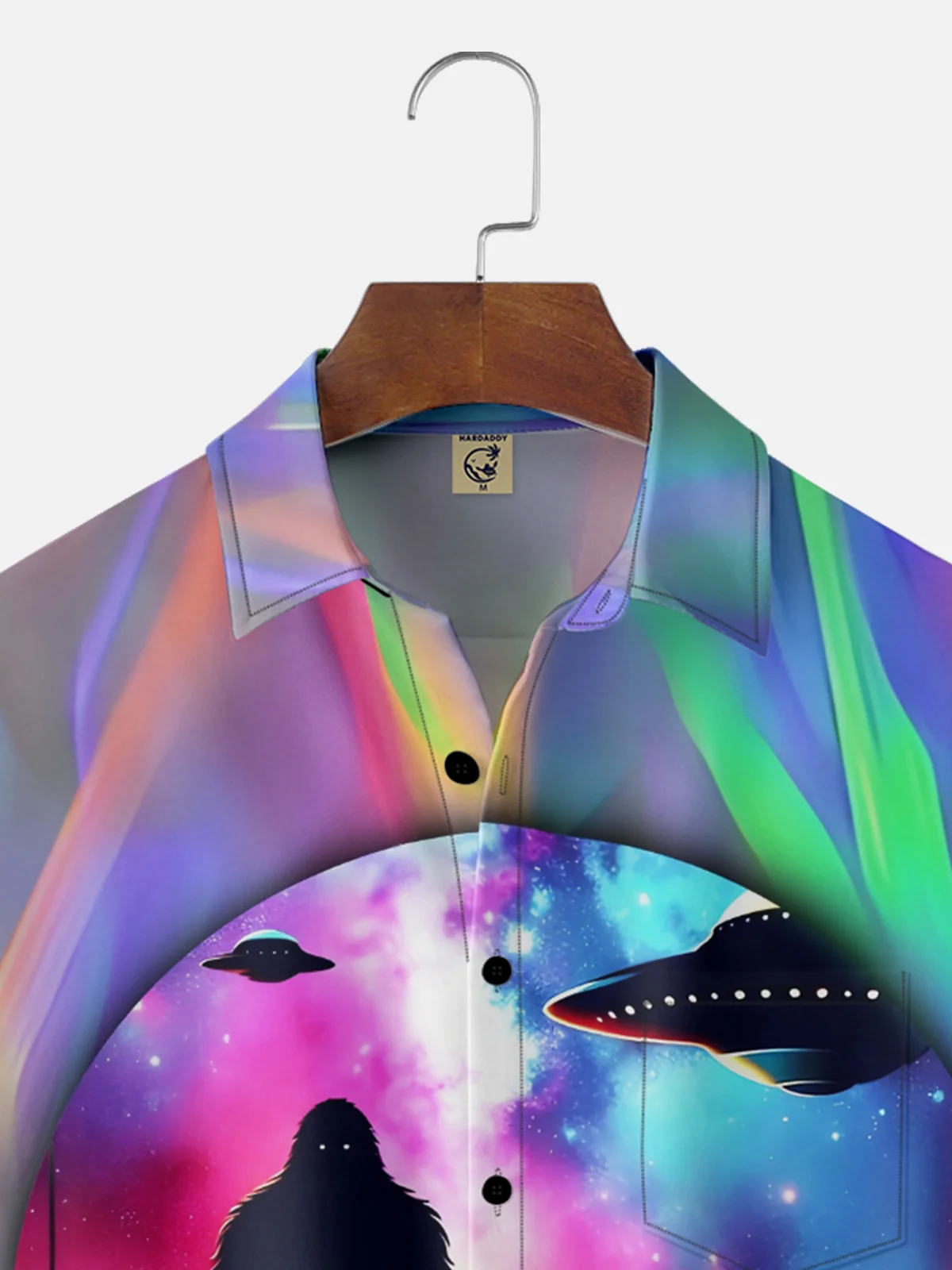 Moisture Wicking Ombre Bigfoot Alien UFO Chest Pocket Hawaiian Shirt