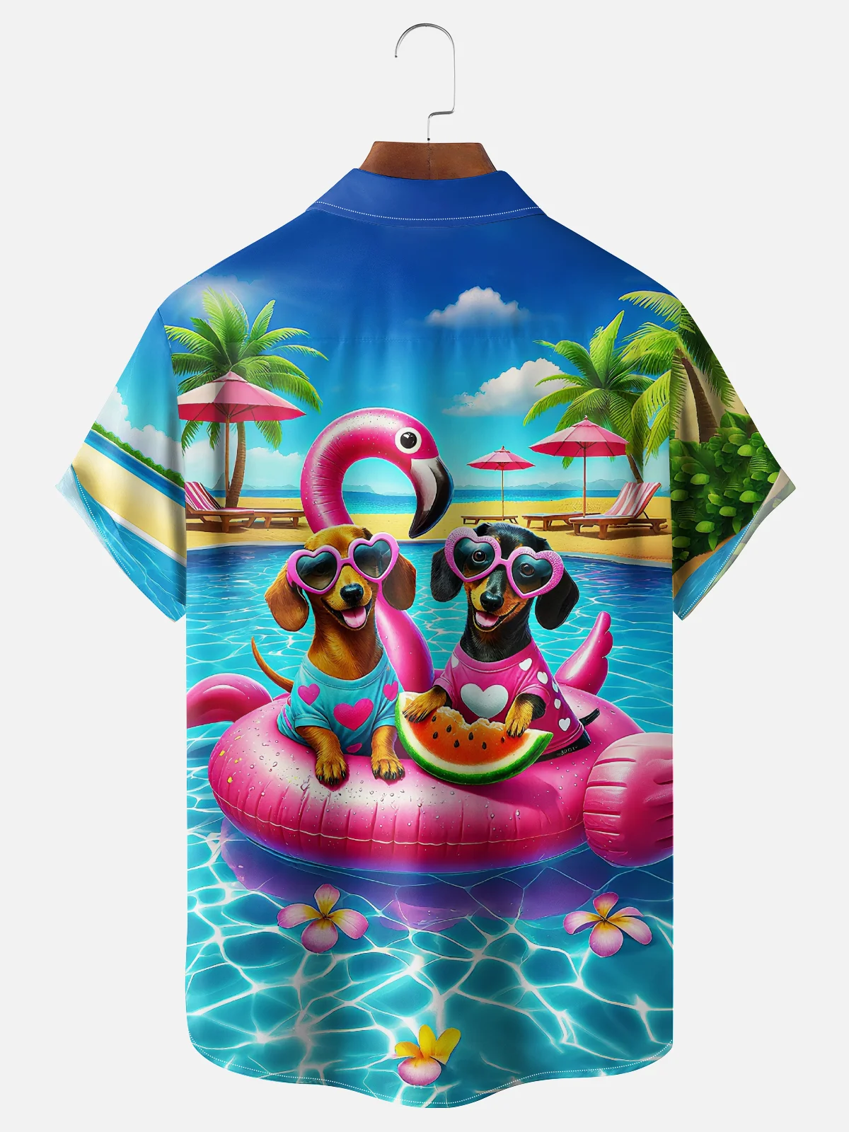 Moisture Wicking Pool Dog Coconut Tree Chest Pocket Hawaiian Shirt