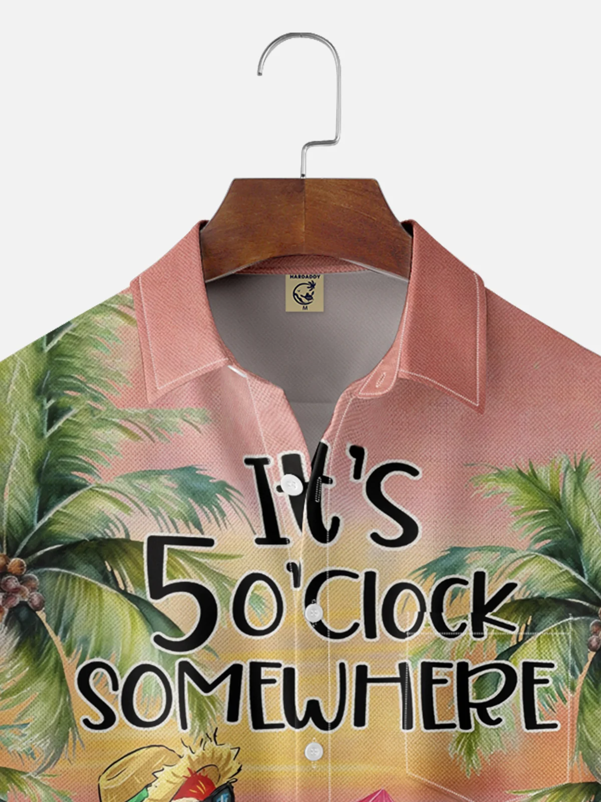 Moisture-Wicking It's 5 O'Clock Somewhere Parrot Coconut Tree Chest Pocket Hawaiian Shirt