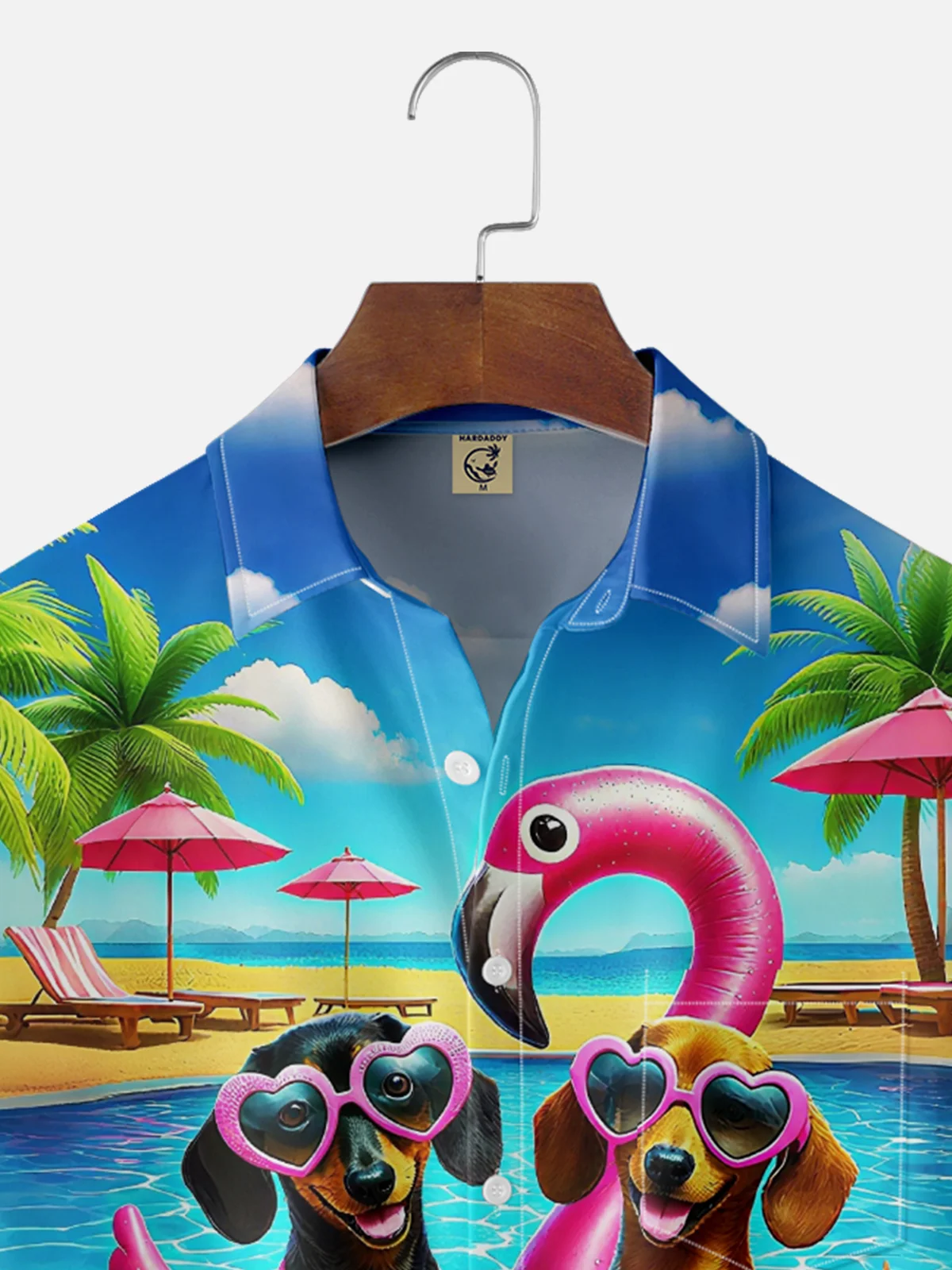 Moisture Wicking Pool Dog Coconut Tree Chest Pocket Hawaiian Shirt