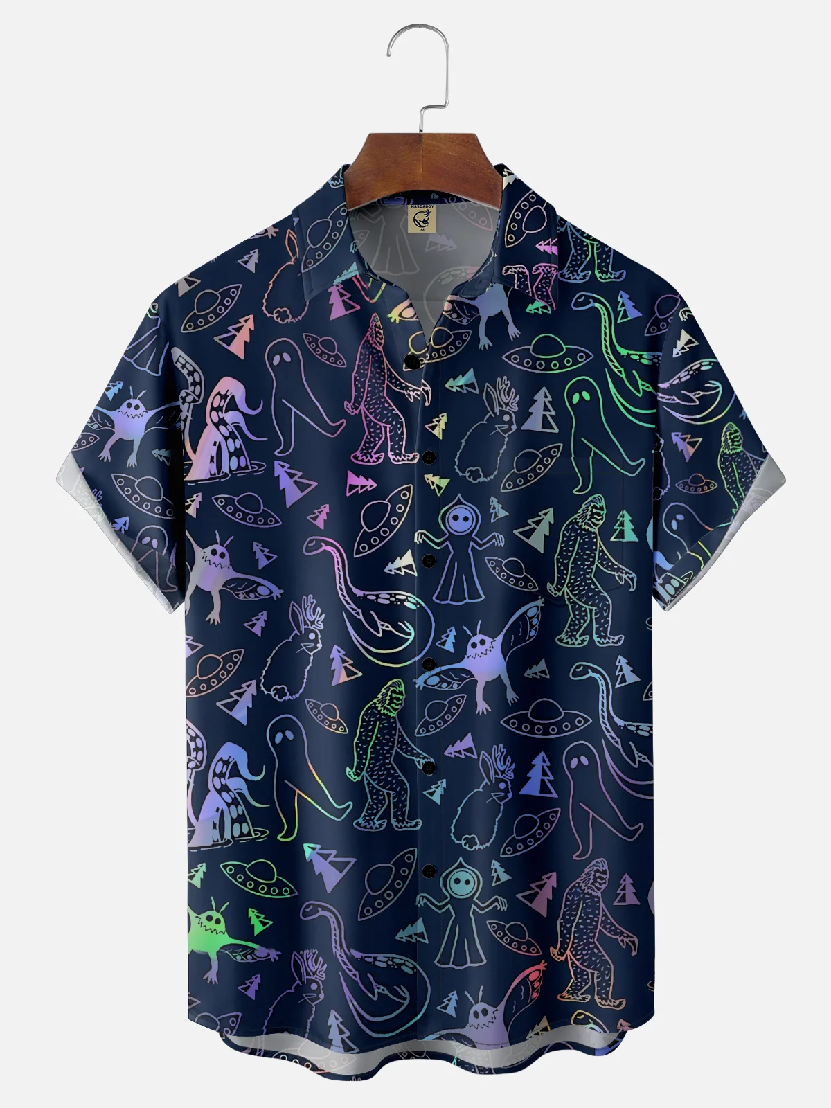 Moisture-Wicking Gradient Abstract Bigfoot Mothman Loch Ness Monster  Chest Pocket Hawaiian Shirt