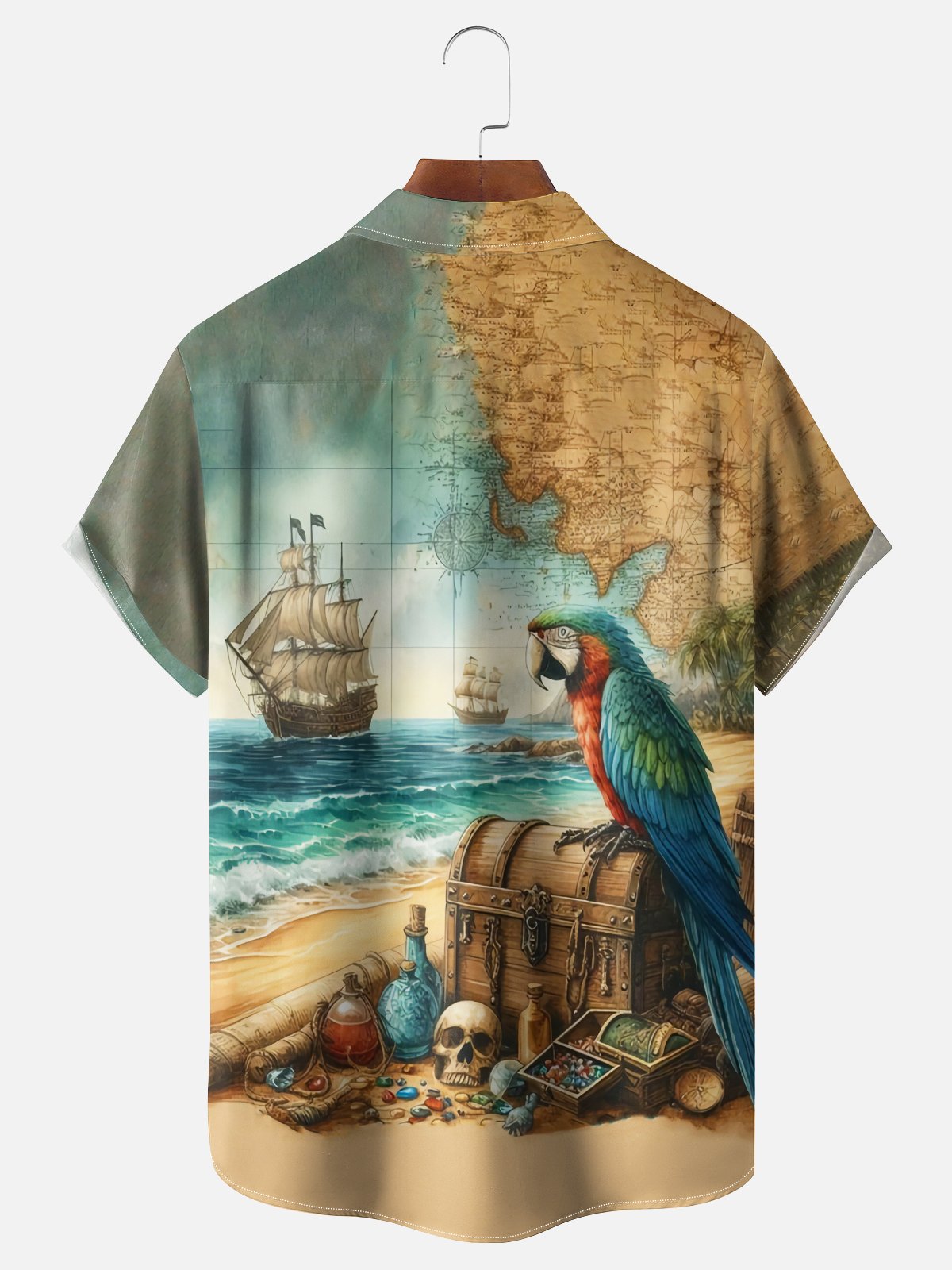 Moisture Wicking Sailboat Parrot Map Chest Pocket Hawaiian Shirt