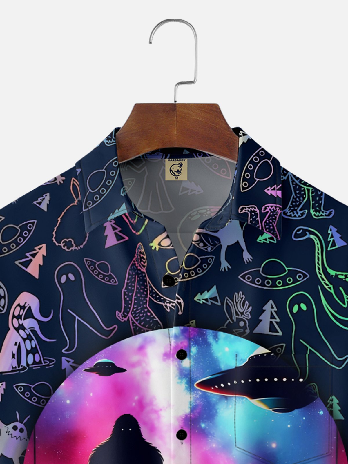 Moisture-Wicking Gradient Color Funny Alien Bigfoot Chest Pocket Hawaiian Shirt