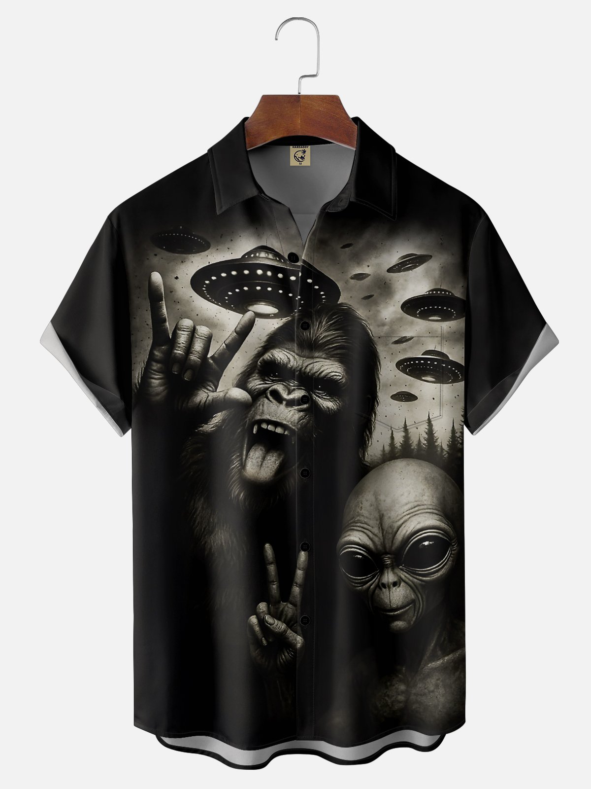 Moisture Wicking Rock Ombre UFO Bigfoot Alien Chest Pocket Hawaiian Shirt