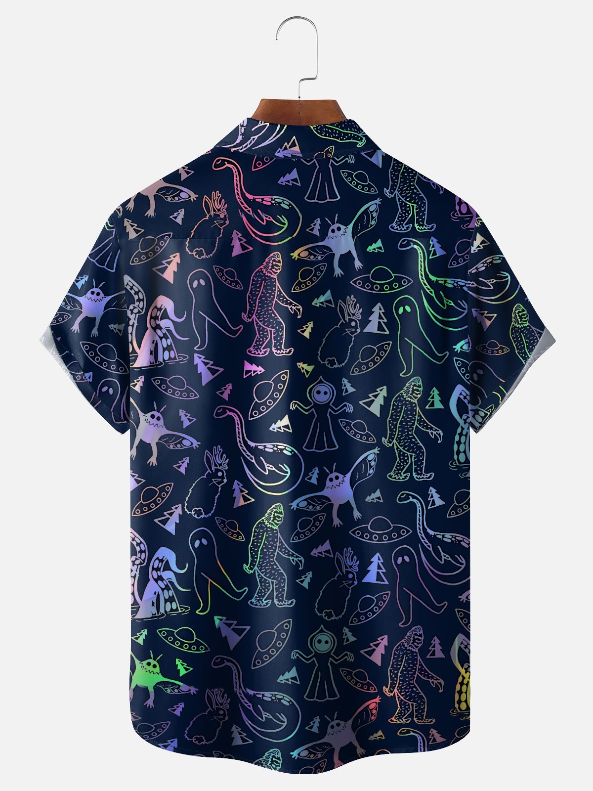 Moisture-Wicking Gradient Abstract Bigfoot Mothman Loch Ness Monster  Chest Pocket Hawaiian Shirt