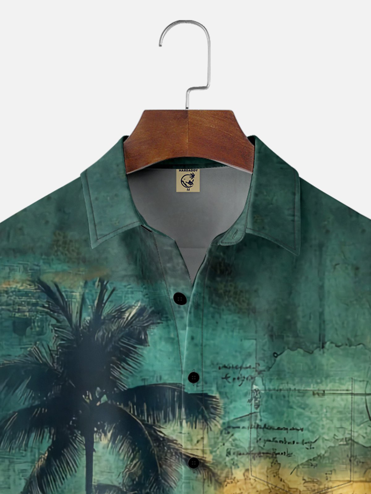 Moisture Wicking Vintage Distressed Map Coconut Tree Chest Pocket Hawaiian Shirt