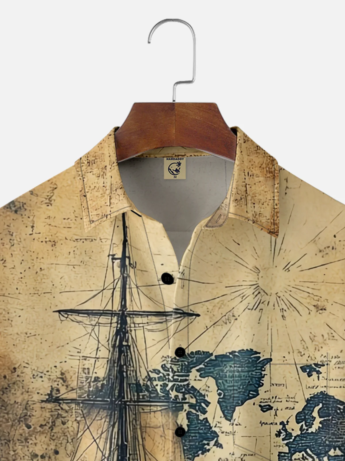Moisture Wicking Vintage Map Sailboat Chest Pocket Hawaiian Shirt