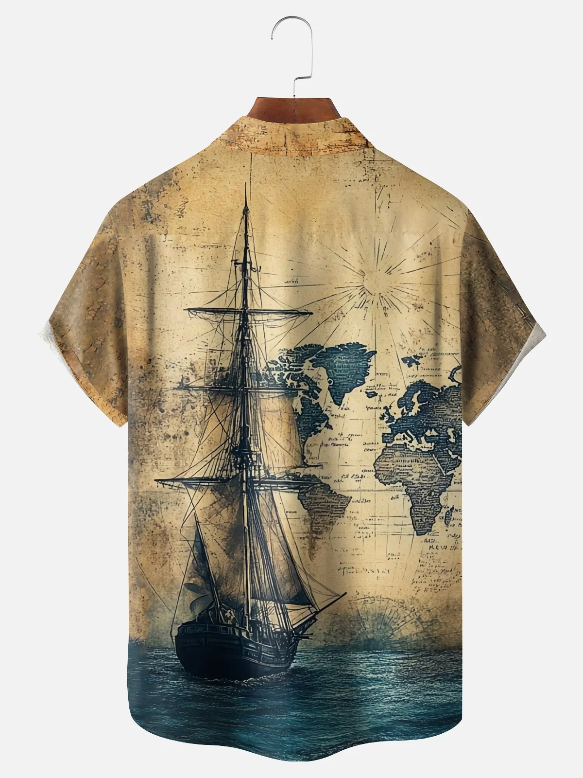 Moisture Wicking Vintage Map Sailboat Chest Pocket Hawaiian Shirt