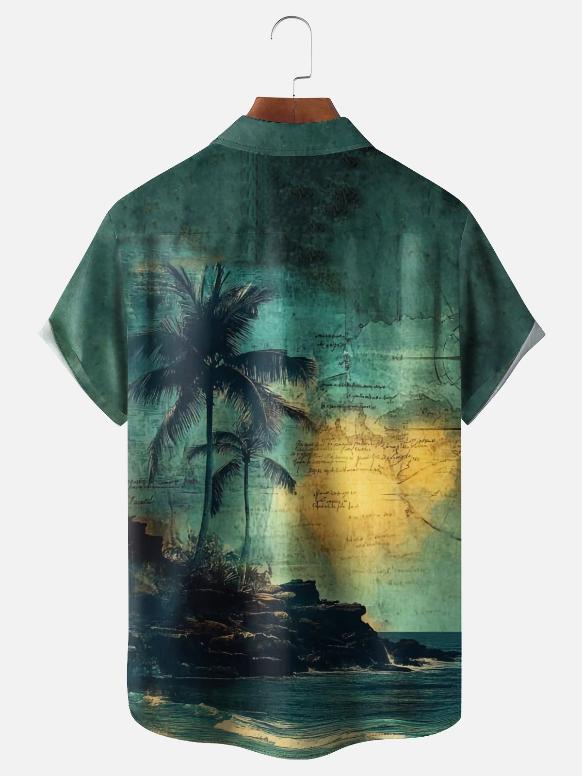 Moisture Wicking Vintage Distressed Map Coconut Tree Chest Pocket Hawaiian Shirt