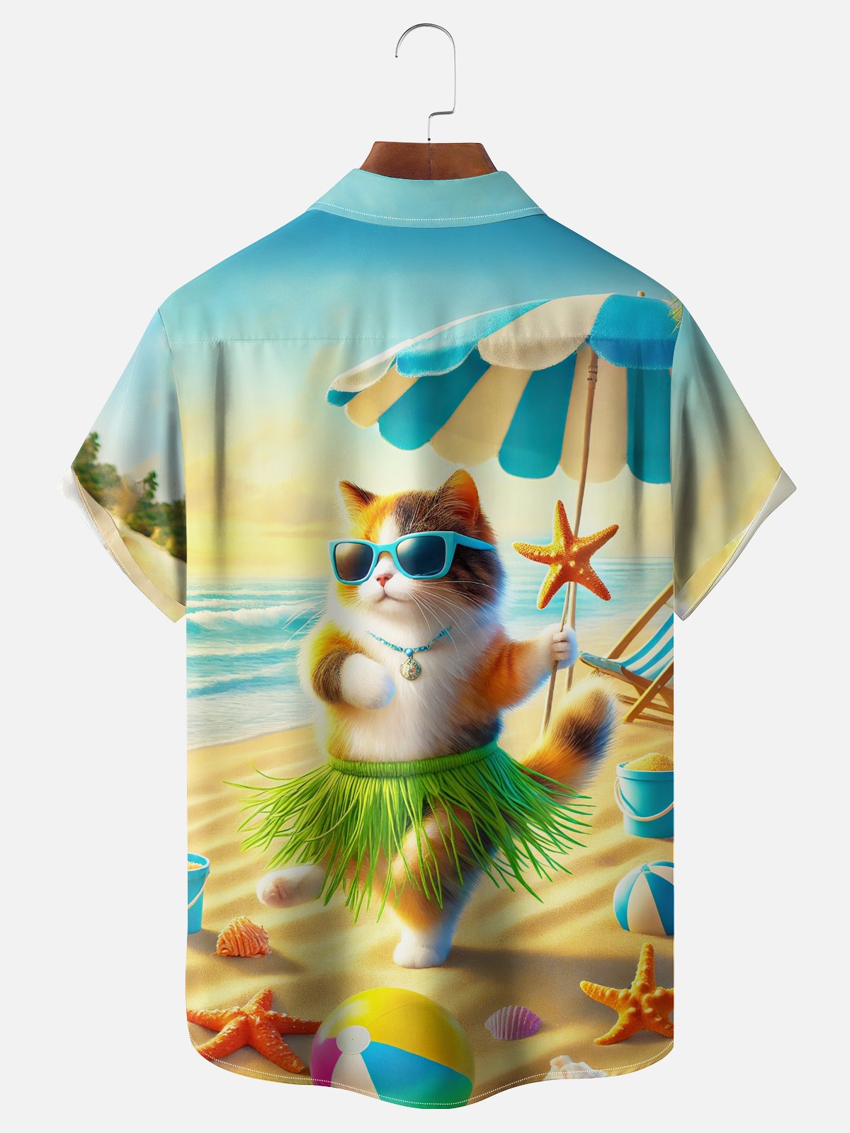 Moisture Wicking Fun Dancing Hula Cat Beach Chest Pocket Hawaiian Shirt