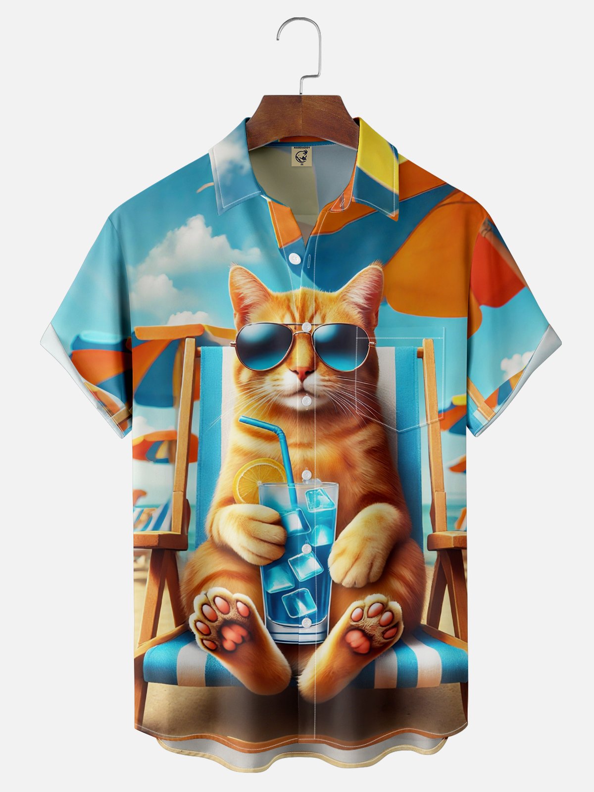 Moisture Wicking Ombre Beach Glasses Cat Chest Pocket Hawaiian Shirt