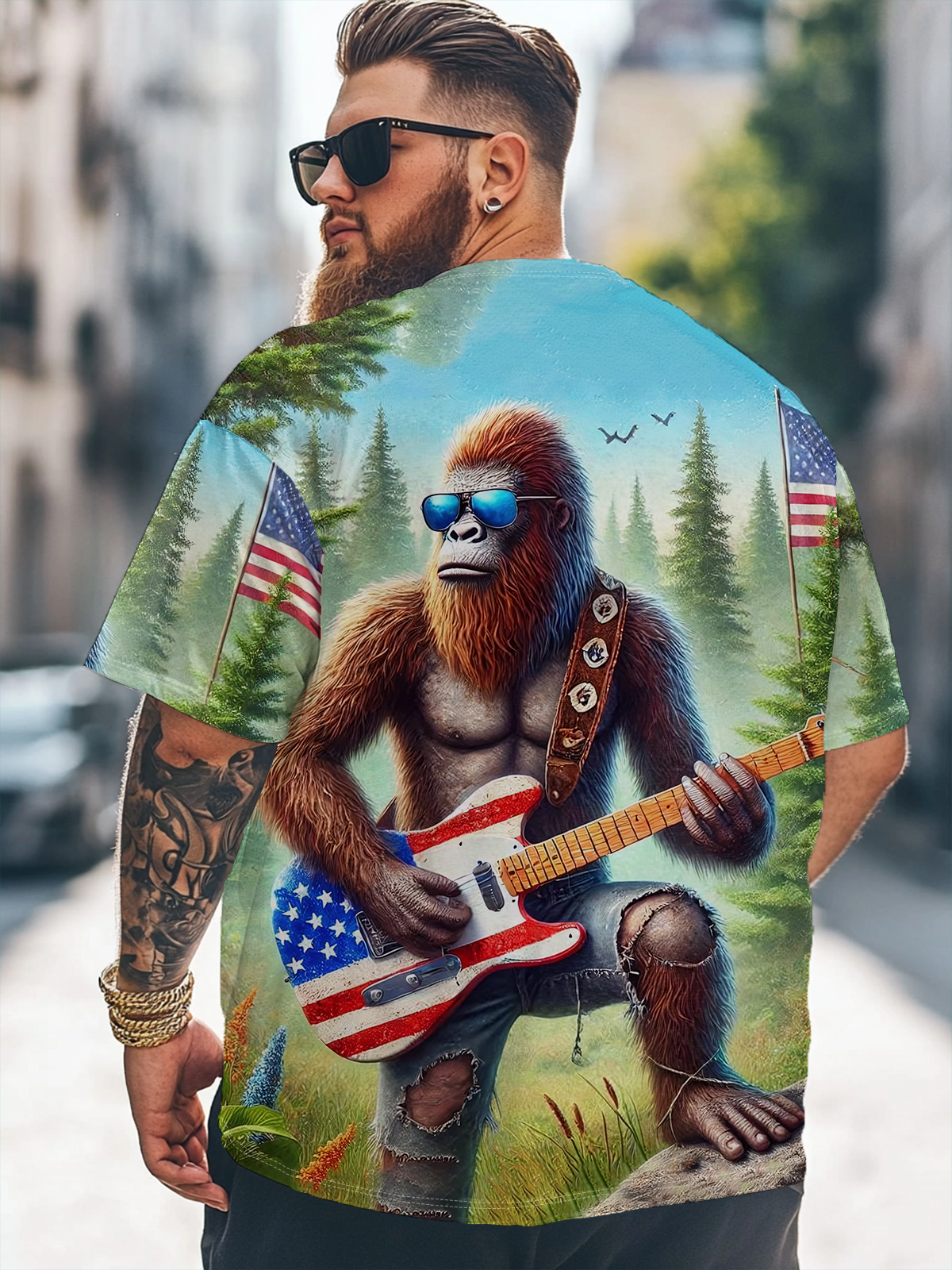 Big Size Men's American Flag Bigfoot Guitar Rock Loose T-shirt