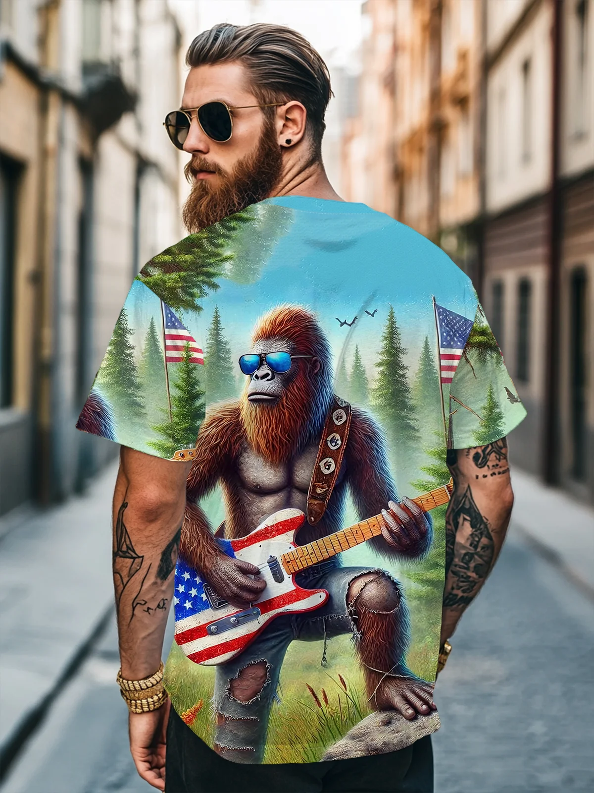 Men's American Flag Bigfoot Guitar Rock Fitted T-shirts