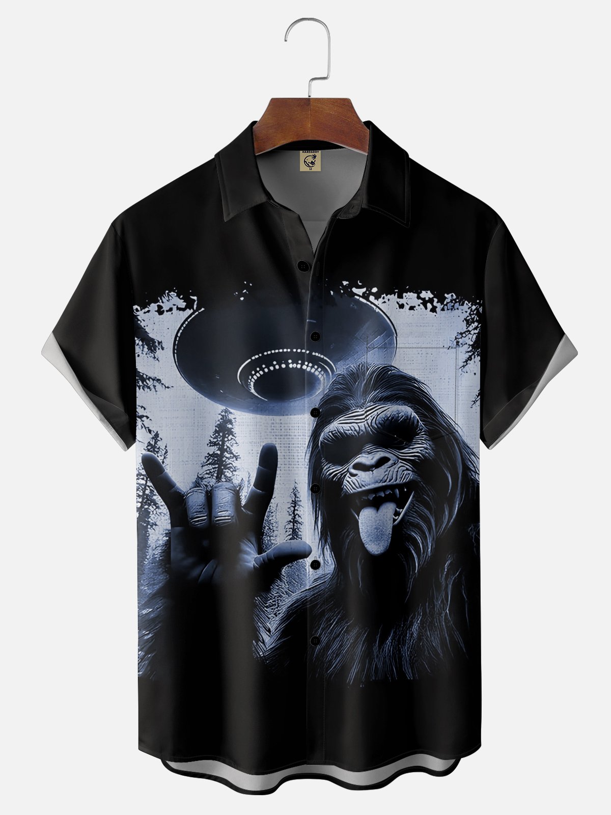 Tall Size Moisture Wicking Alien Spaceship Bigfoot Chest Pocket Hawaiian Shirt