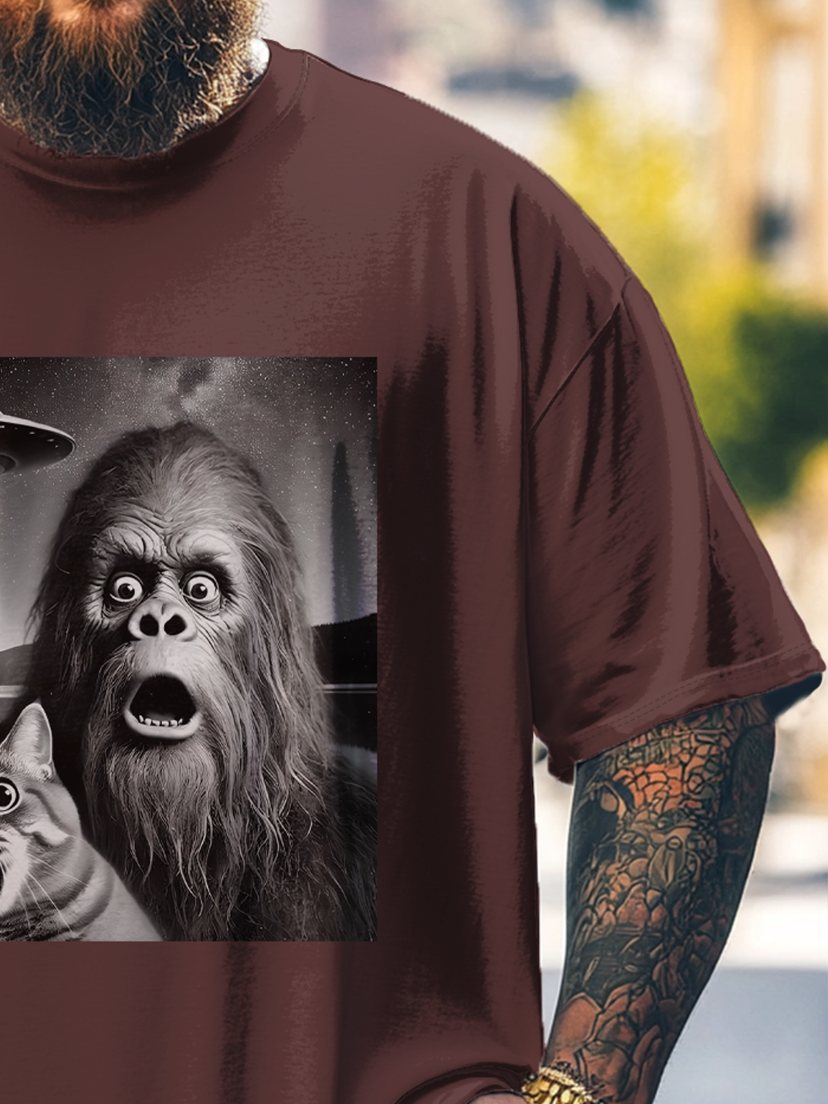 Big Size Men's Bigfoot Cat UFO Fun Print Loose T-shirt