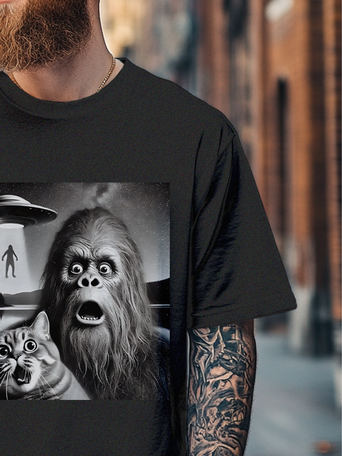 Men's Bigfoot Cat UFO Selfie Fun Fitted T-shirts