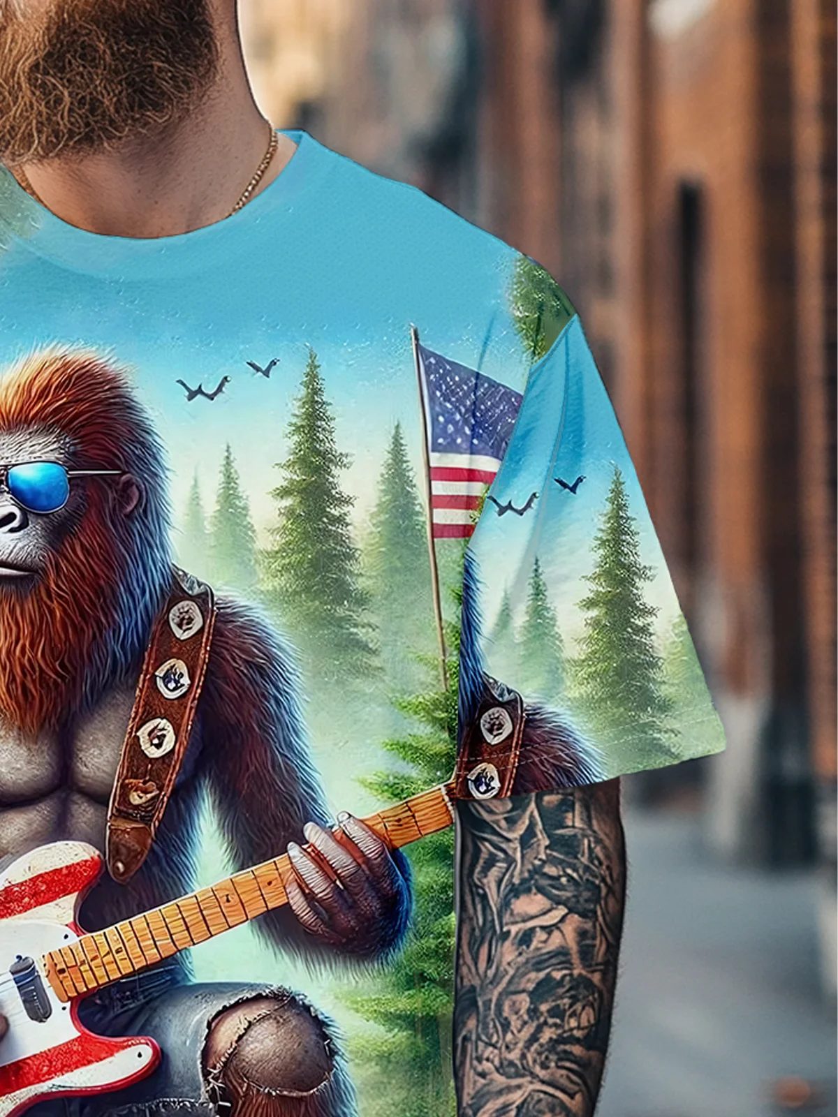 Men's American Flag Bigfoot Guitar Rock Fitted T-shirts