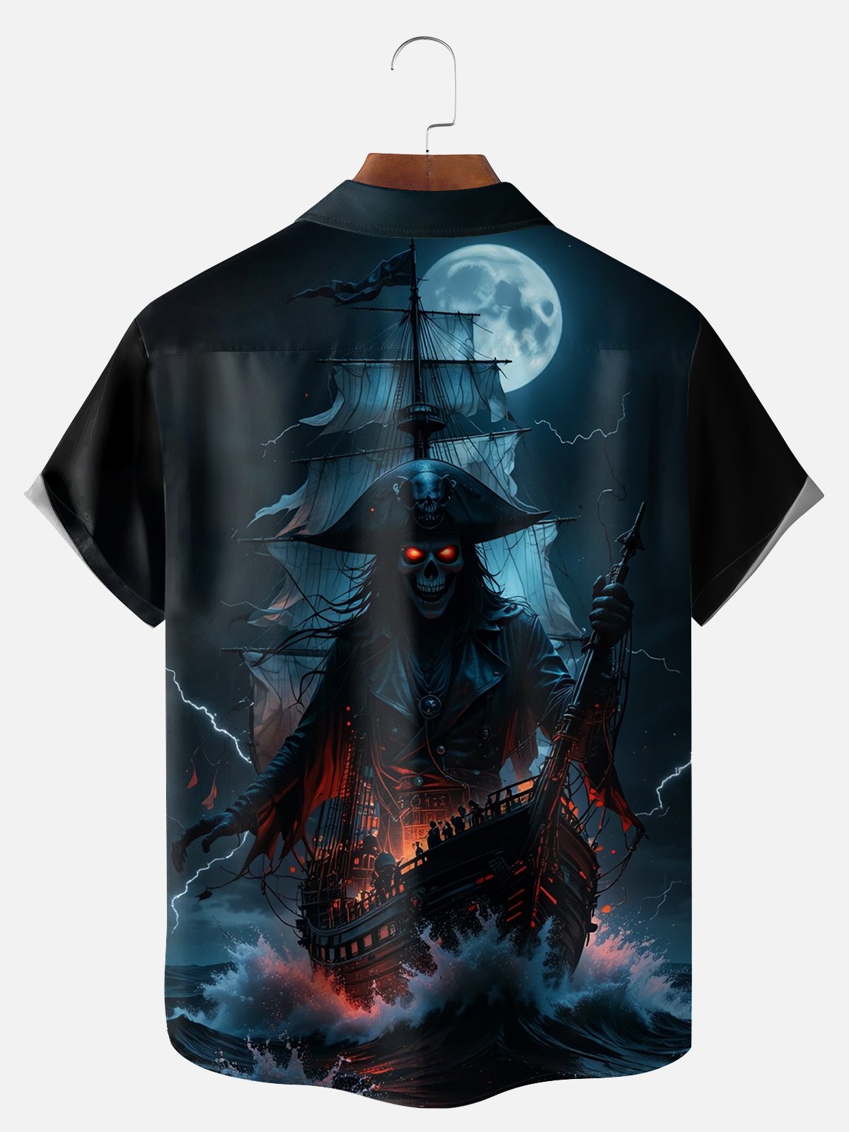 Big Size Moisture-wicking Dark Skeleton Pirate Ship Chest Pocket Hawaiian Shirt