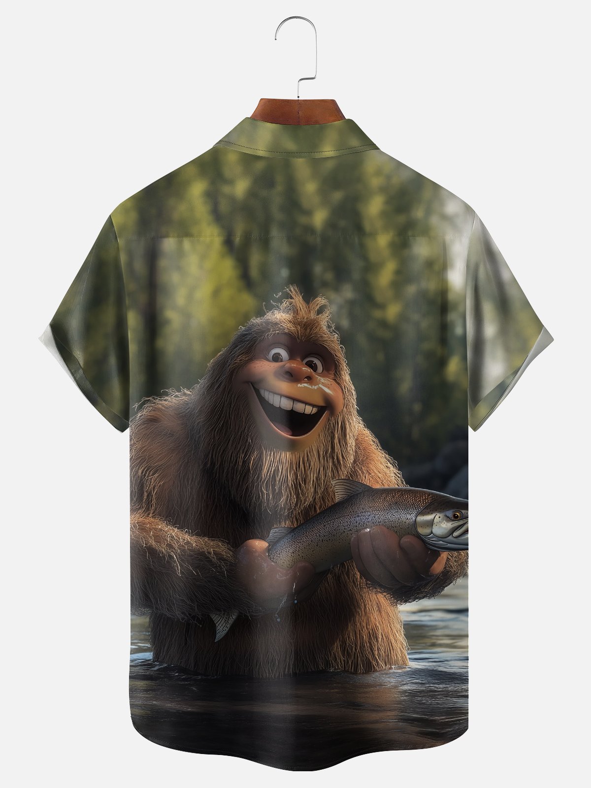 Moisture-wicking Bigfoot Fish Catching Fun Chest Pocket Hawaiian Shirt