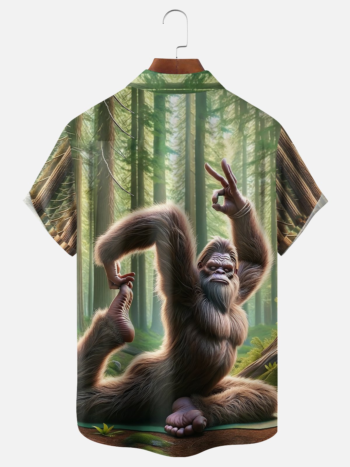 Moisture-wicking Bigfoot Yoga Fun Forest Chest Pocket Hawaiian Shirt