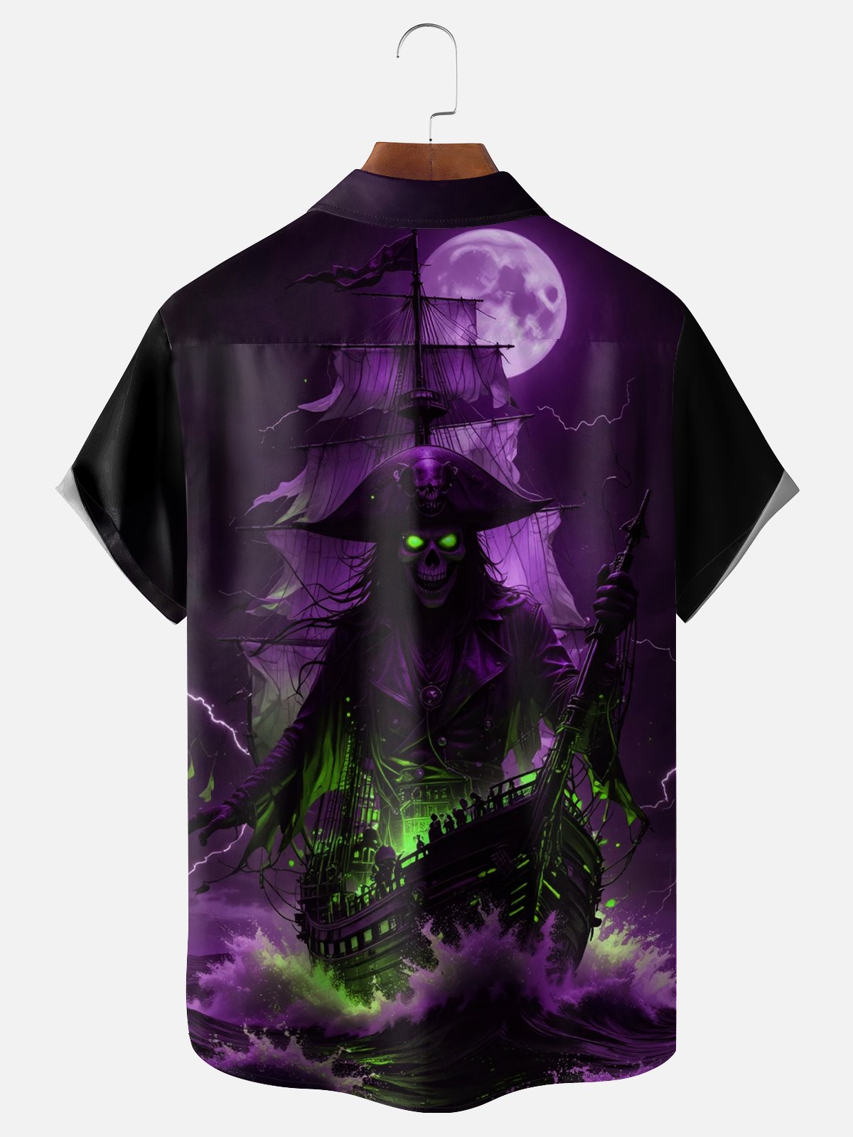 Moisture-wicking Dark Skeleton Pirate Ship Chest Pocket Hawaiian Shirt