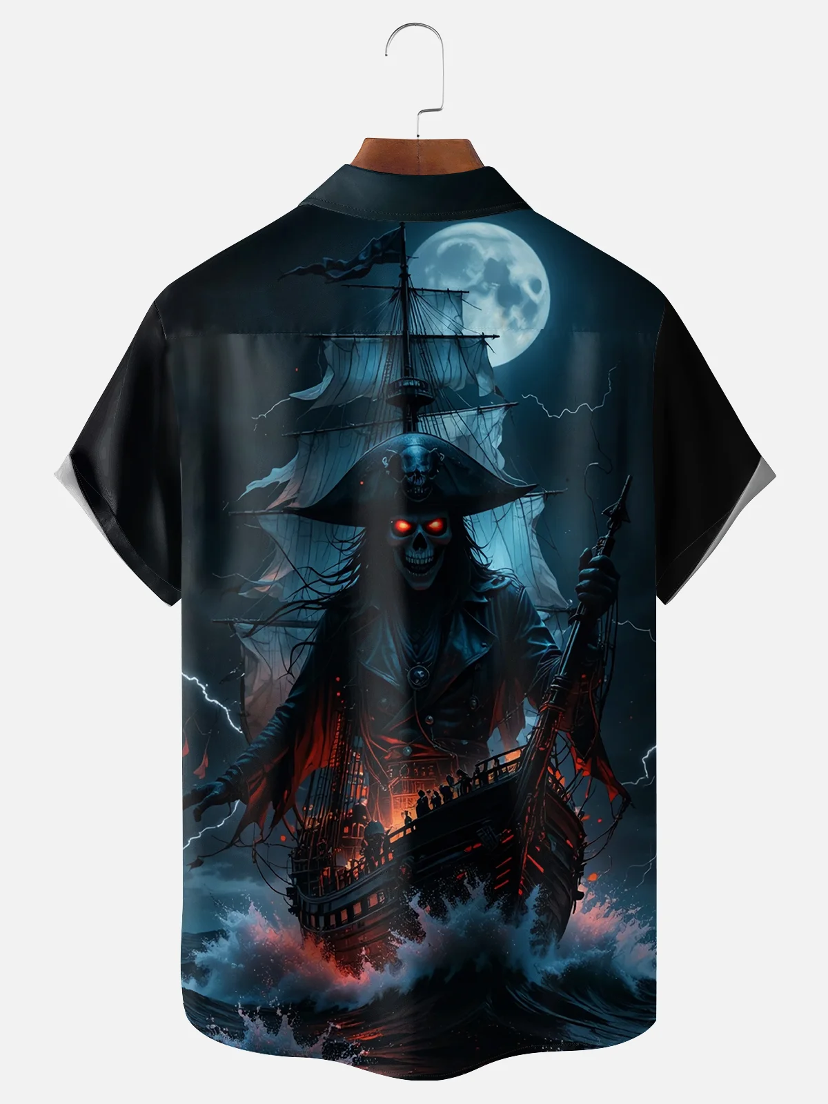 Tall Size Moisture-wicking Dark Skeleton Pirate Ship Chest Pocket Hawaiian Shirt