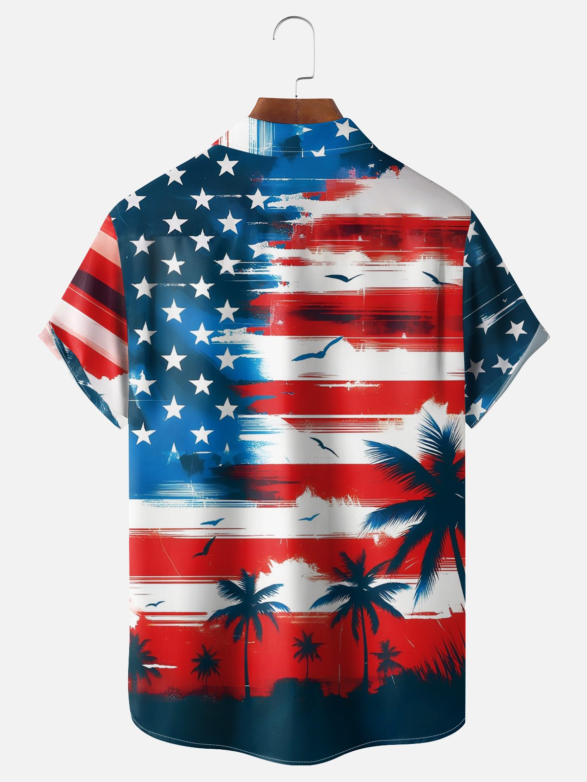 Moisture-wicking Coconut Tree American Flag Independence Day Chest Pocket Casual Shirt