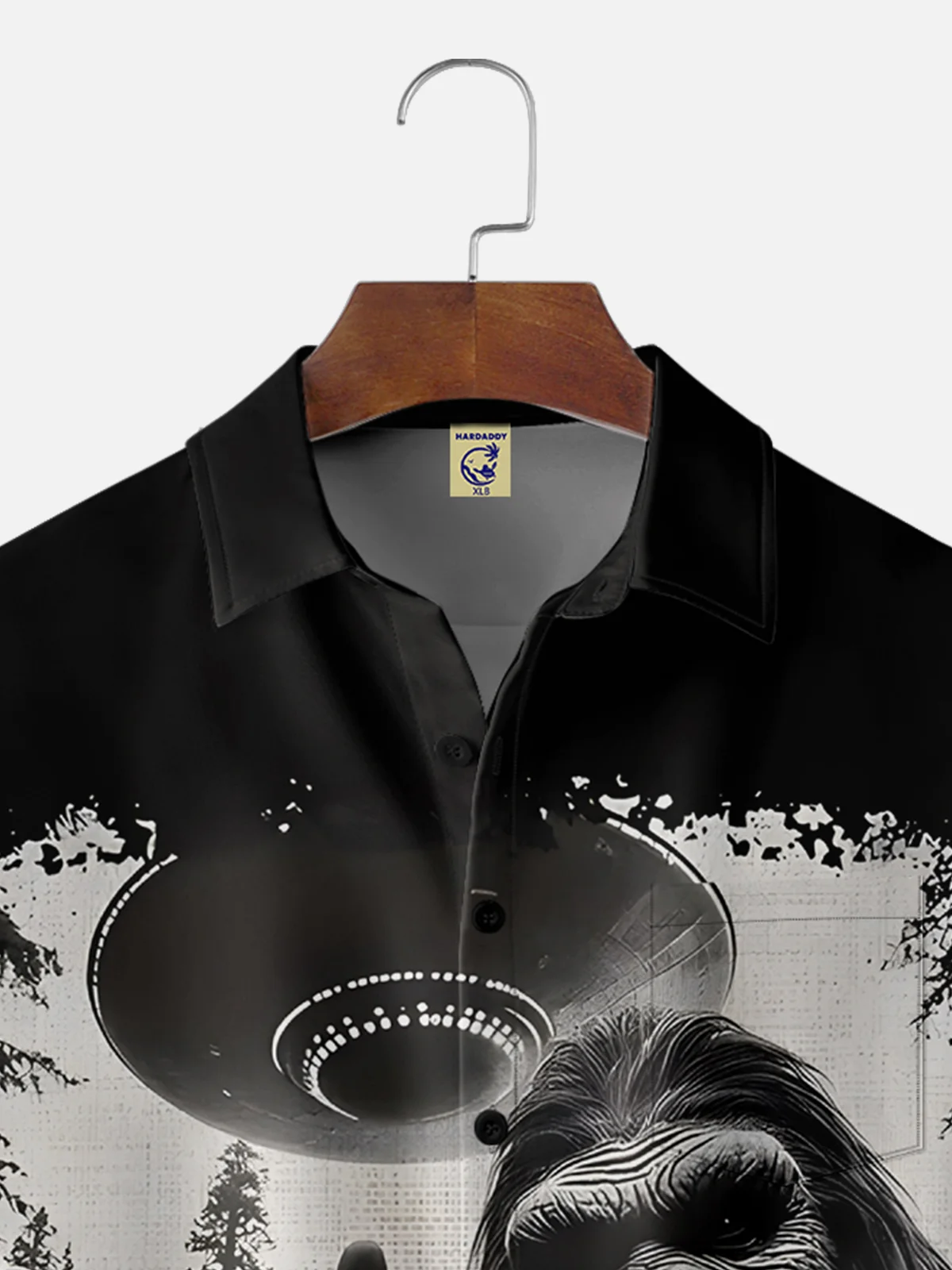 Big Size Moisture Wicking Alien Spaceship Bigfoot Chest Pocket Hawaiian Shirt
