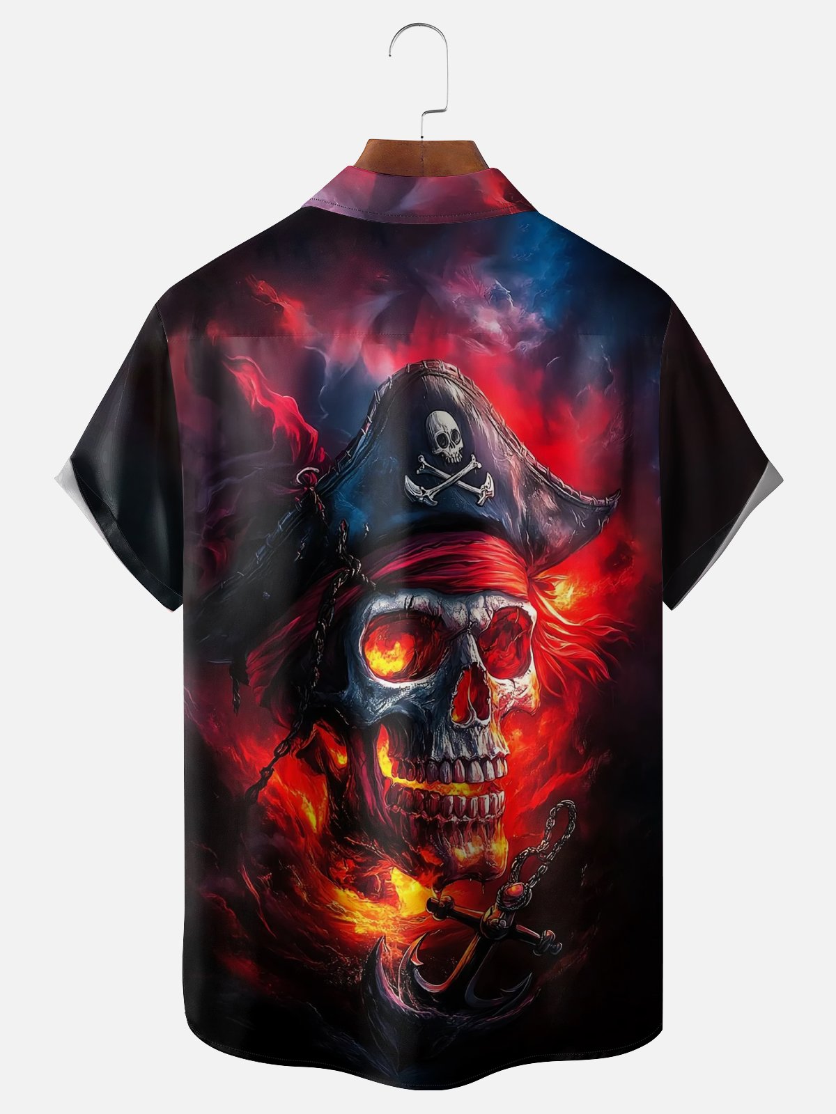 Moisture-wicking Flame Skeleton Pirate Chest Pocket Casual Shirt