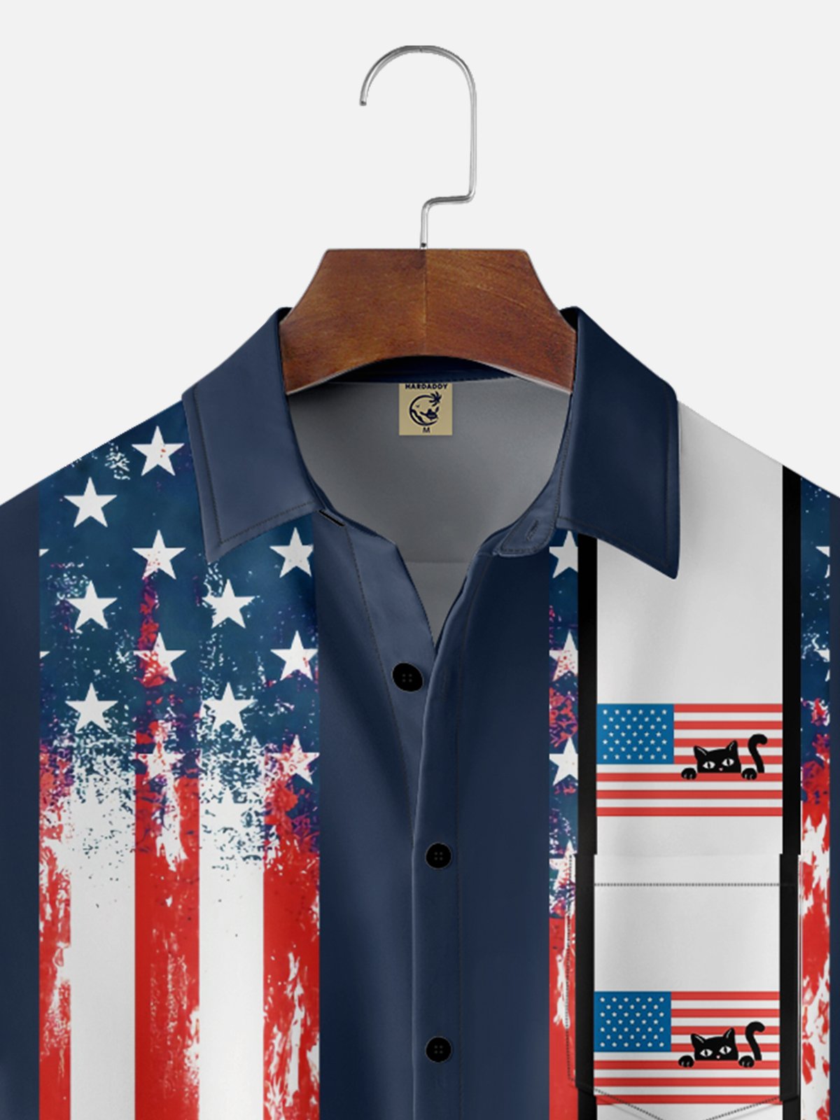 Moisture Wicking Independence Day American Flag Black Cat Chest Pocket Hawaiian Shirt