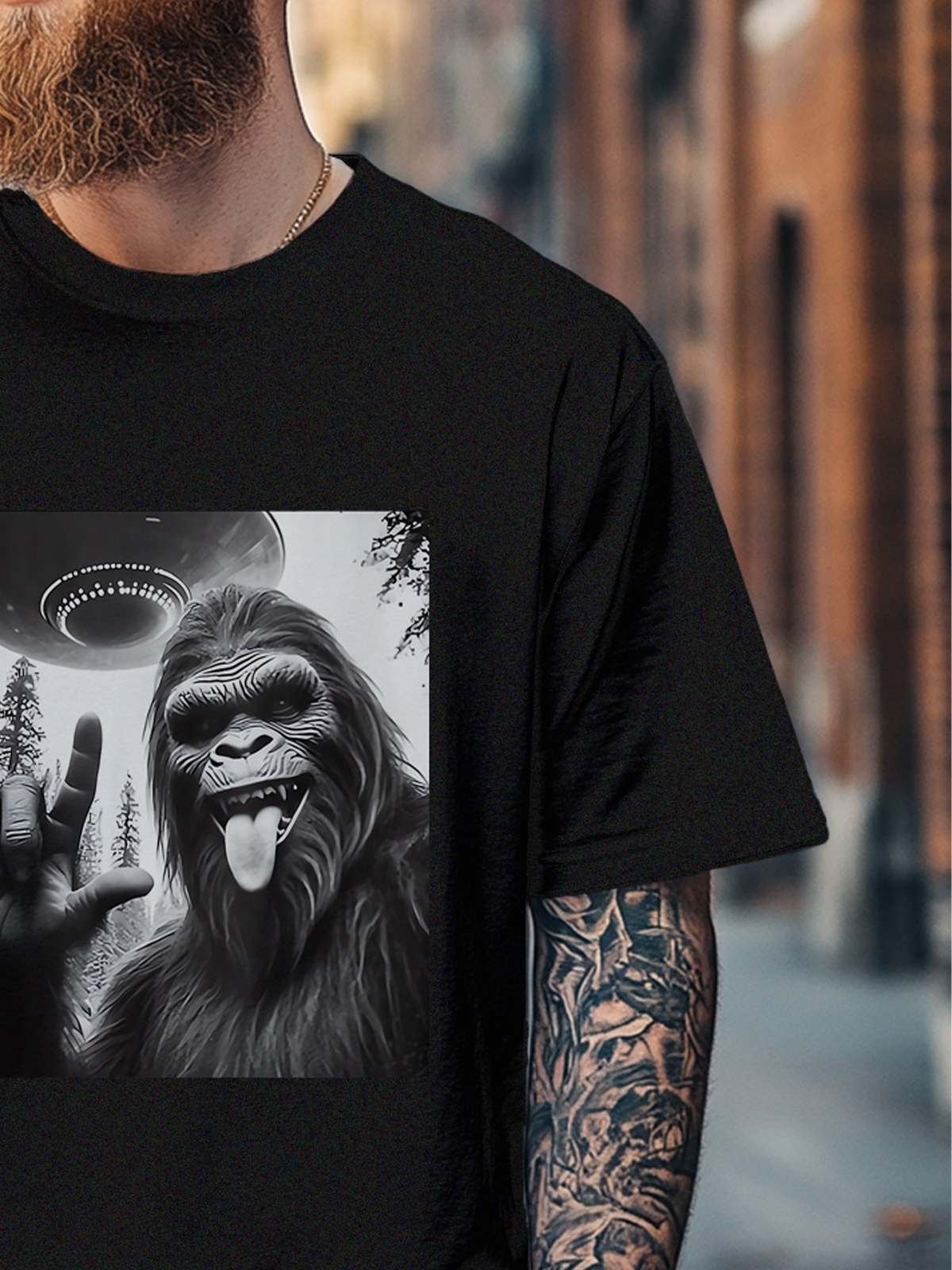 Men's Bigfoot UFO Selfie Fun Fitted T-shirts
