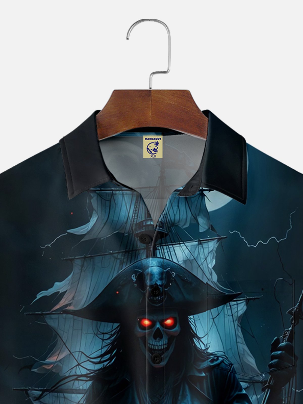 Big Size Moisture-wicking Dark Skeleton Pirate Ship Chest Pocket Hawaiian Shirt