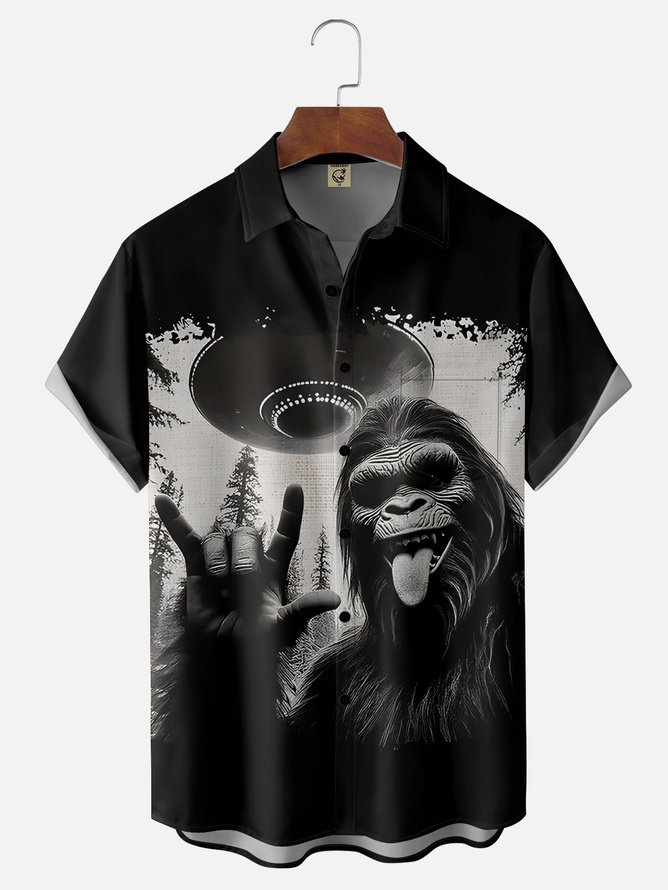 Tall Size Moisture Wicking Alien Spaceship Bigfoot Chest Pocket Hawaiian Shirt