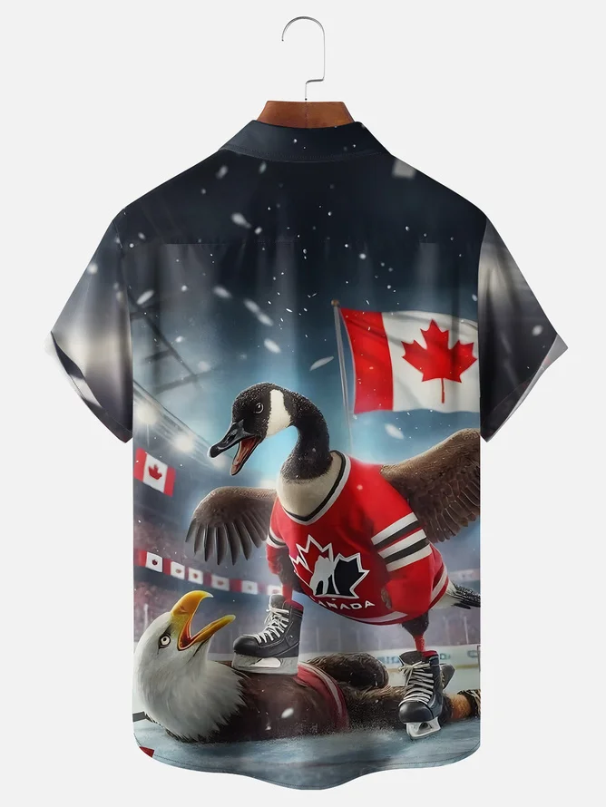 Tall Size Moisture Wicking Canada Maple Goose Chest Pocket Hawaiian Shirt