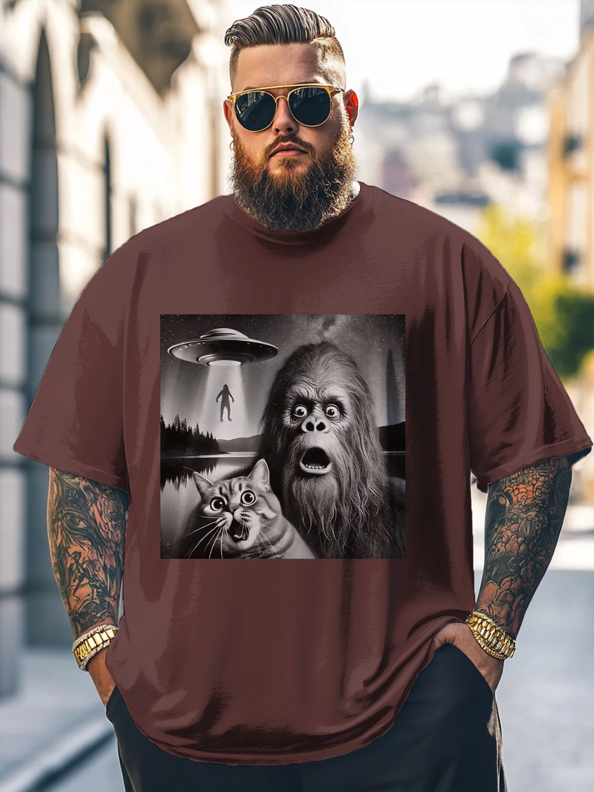 Big Size Men's Bigfoot Cat UFO Fun Print Loose T-shirt