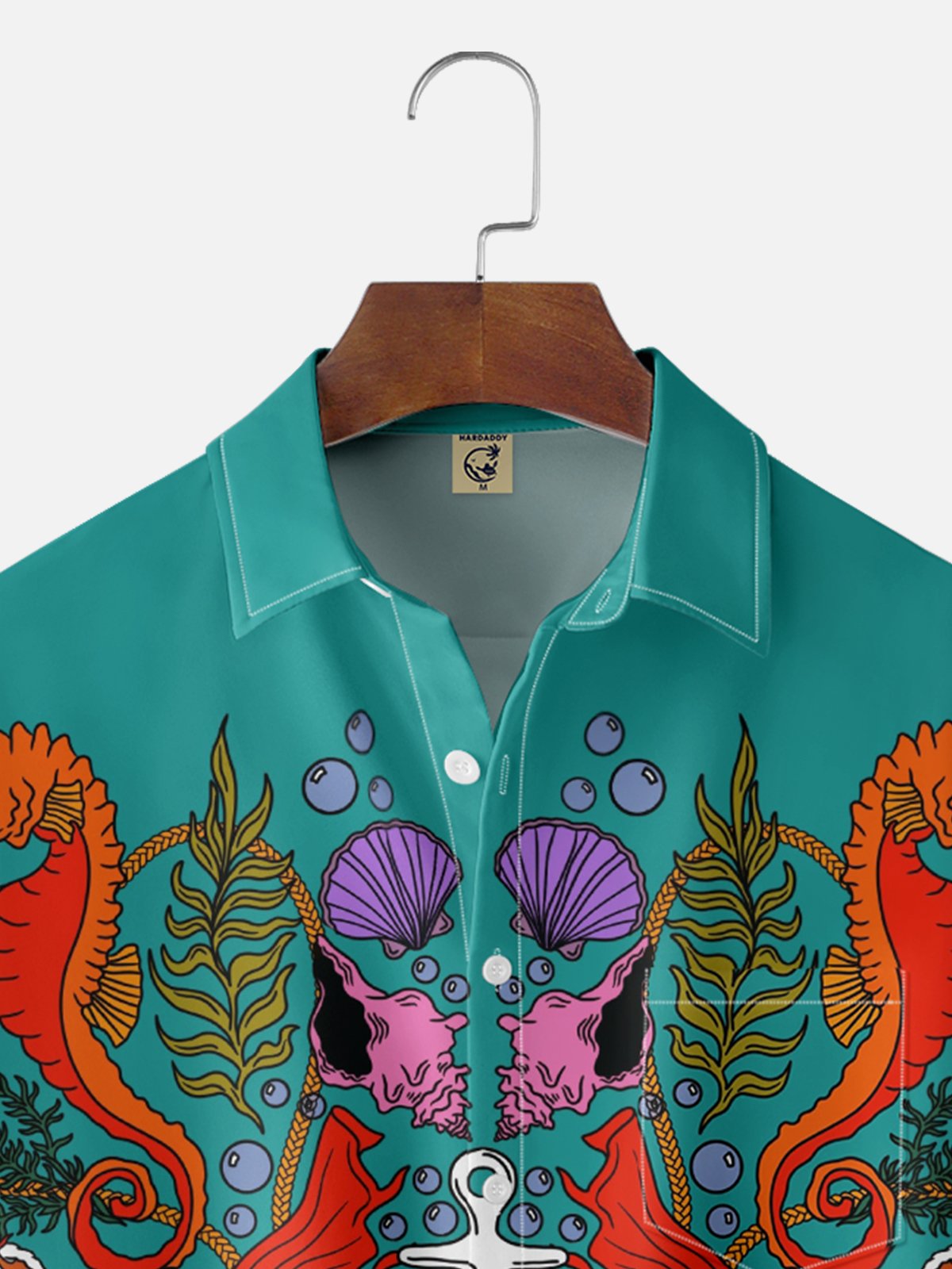 Hardaddy X Artist Janet Johnson Moisture Wicking Abstract Ocean Elements Seahorse Art Painting Chest Pocket Hawaiian Shirt