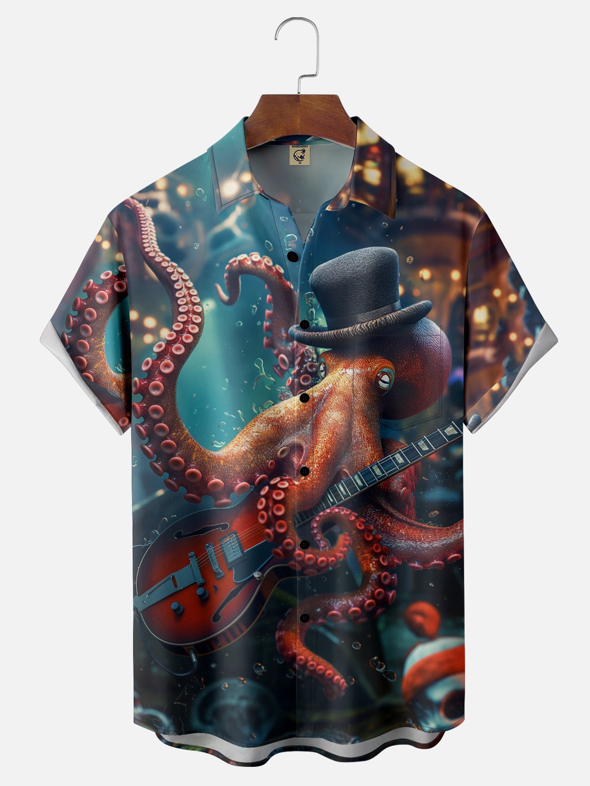 Moisture Wicking Octopus Guitar Chest Pocket Hawaiian Shirt