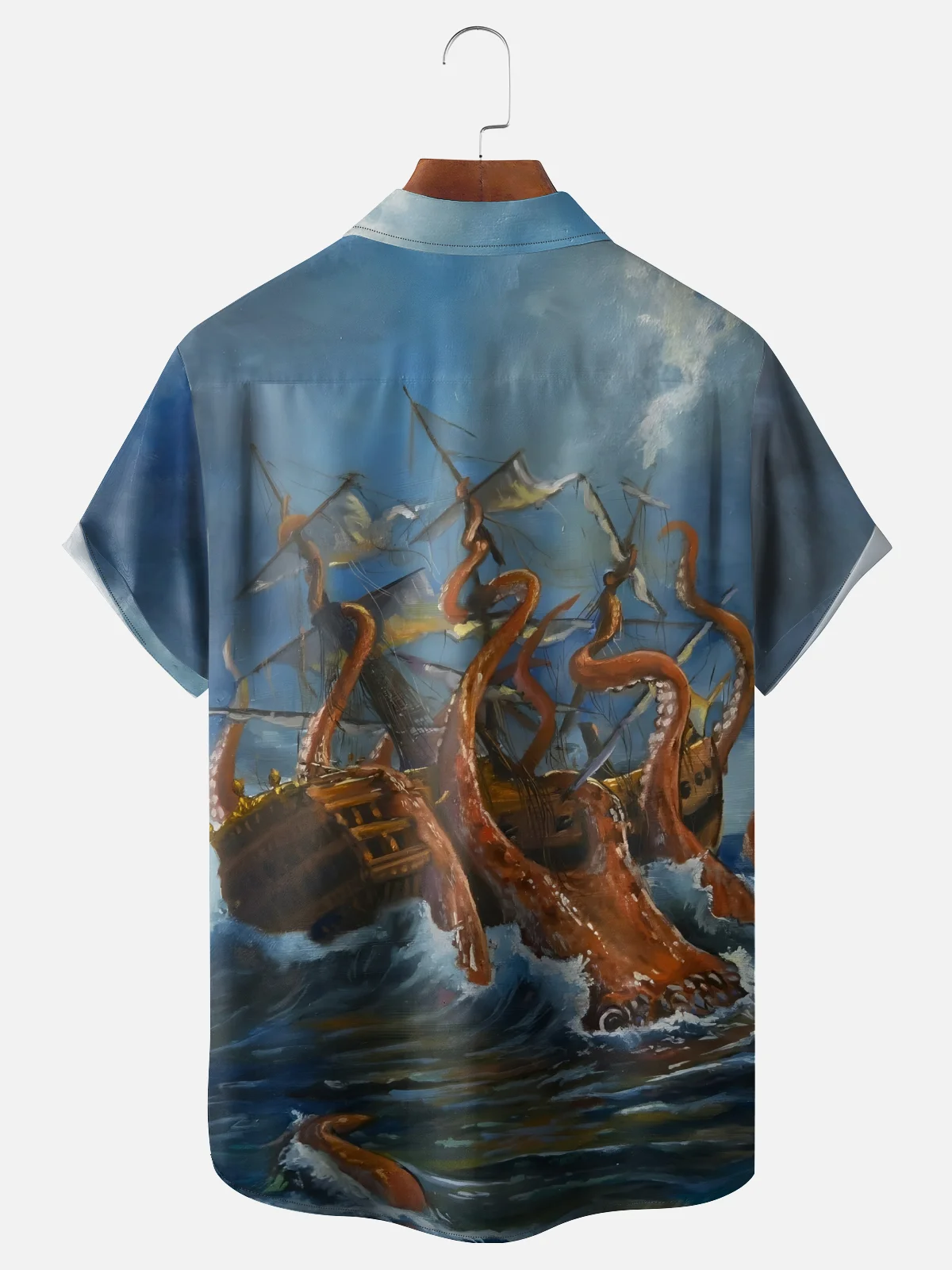 Moisture-Wicking Ombre Abstract Octopus Sailboat Chest Pocket Hawaiian Shirt